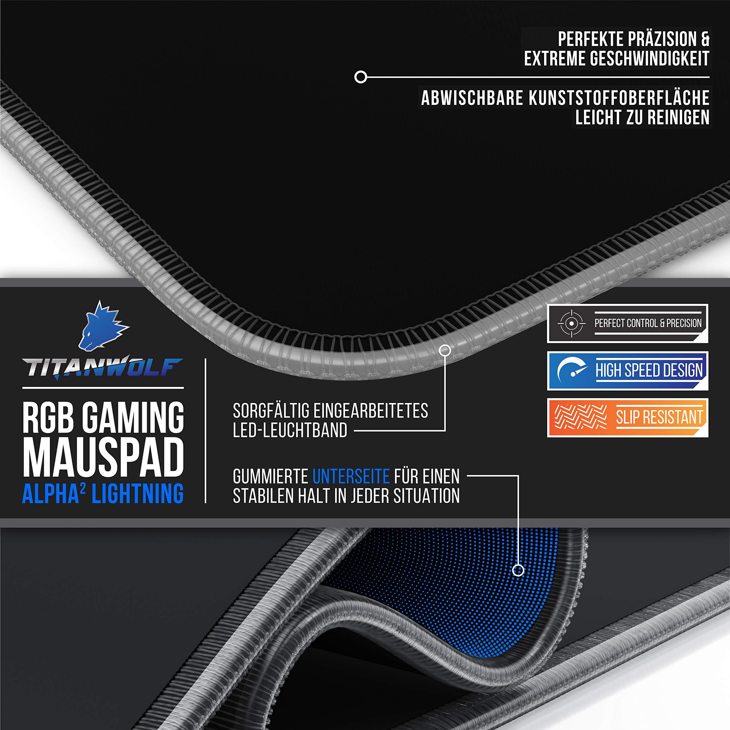 Titanwolf Tappetino Mouse Gaming RGB XXL – 800x300 Mm – Con Illuminazione LED E Poggiapolsi – 11 Modalità Colore