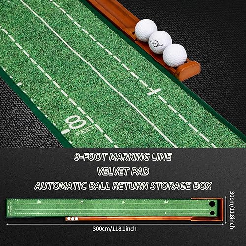 Miniatura 5 de Alfombra de golf verde para interiores, sin arrugas con retorno automático de bola, base de madera maciza duradera, superficie de terciopelo lujosa,