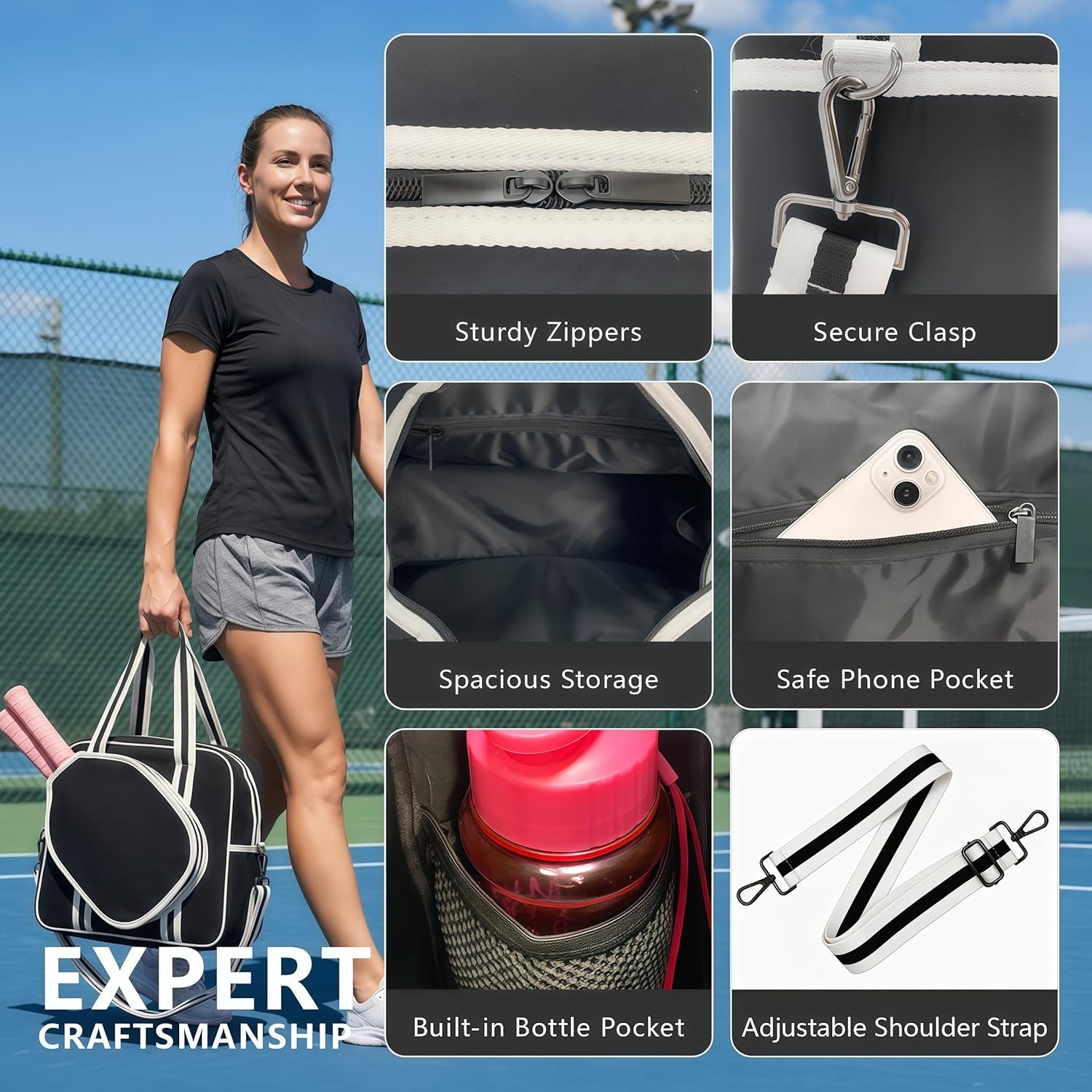 Pickleball Bag for Women Men, Tote with Adjustable Crossbody Strap, Lightweight Pickle Ball Bags with Paddle Cover Pocket Holds 2 Paddles