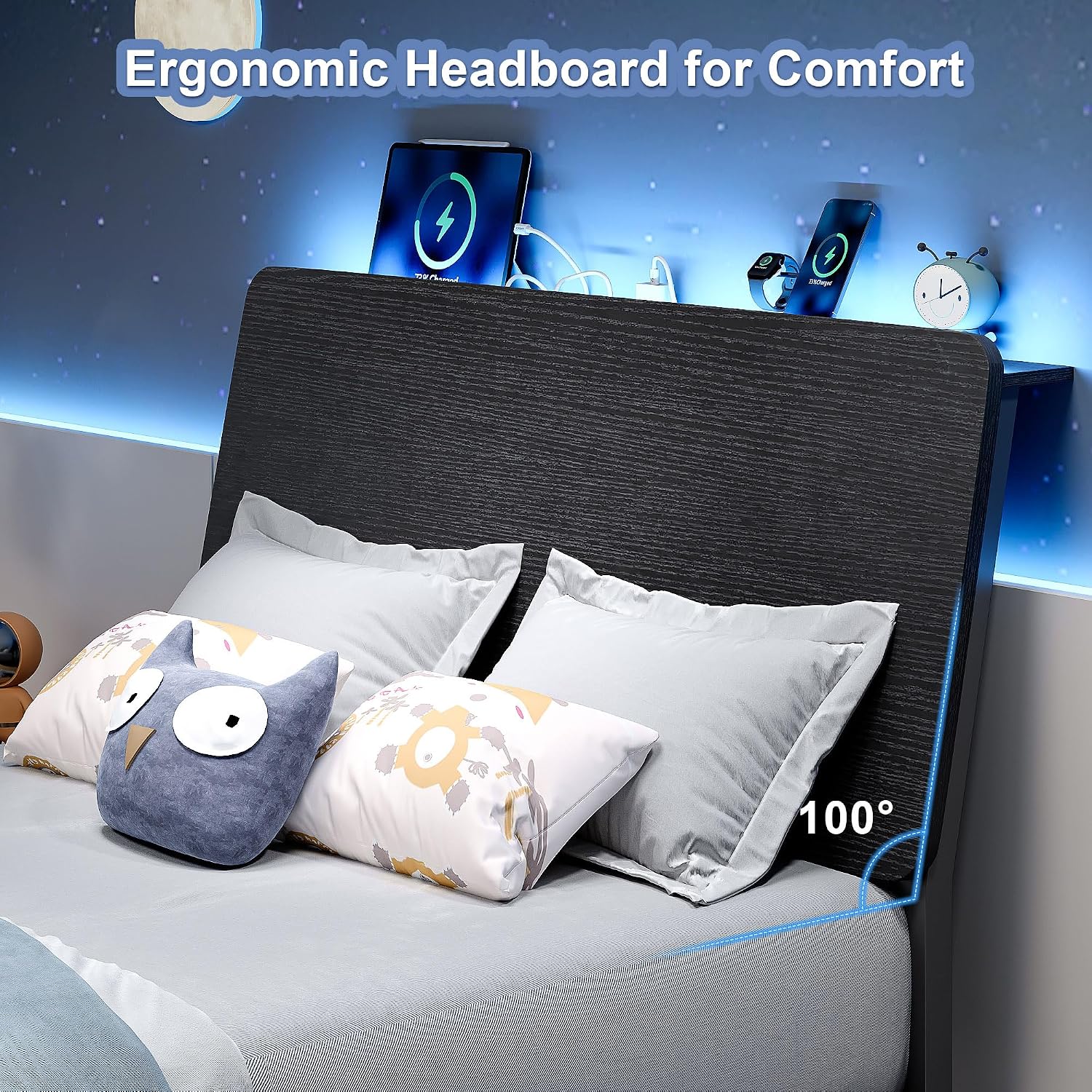Ergonomic headboard with 100 degree tilt for comfort