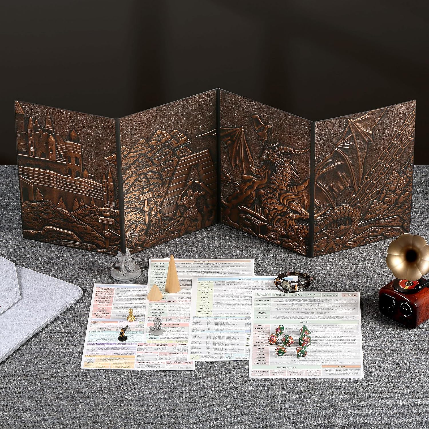 DNDND DM Screen 3D Faux-Leather Embossed Dragon with Four-Panel Pockets, DND Master Screen with Gorgeous Gift Flet Case for D&D Dungeons and Dragon Tabletop Game (Copper)