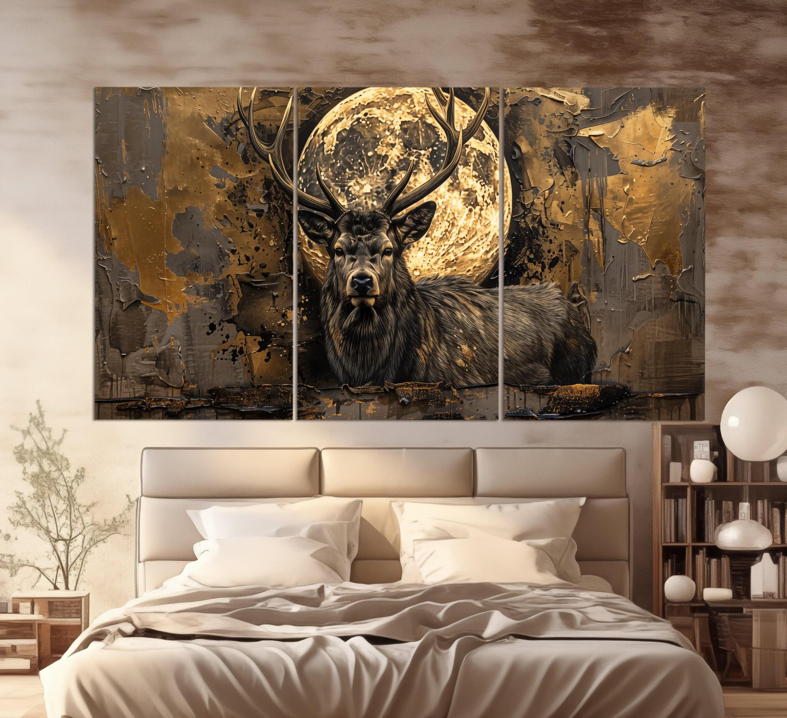 Tableau cerf pleine lune vintage 40x60cm triptyque abstrait - 6