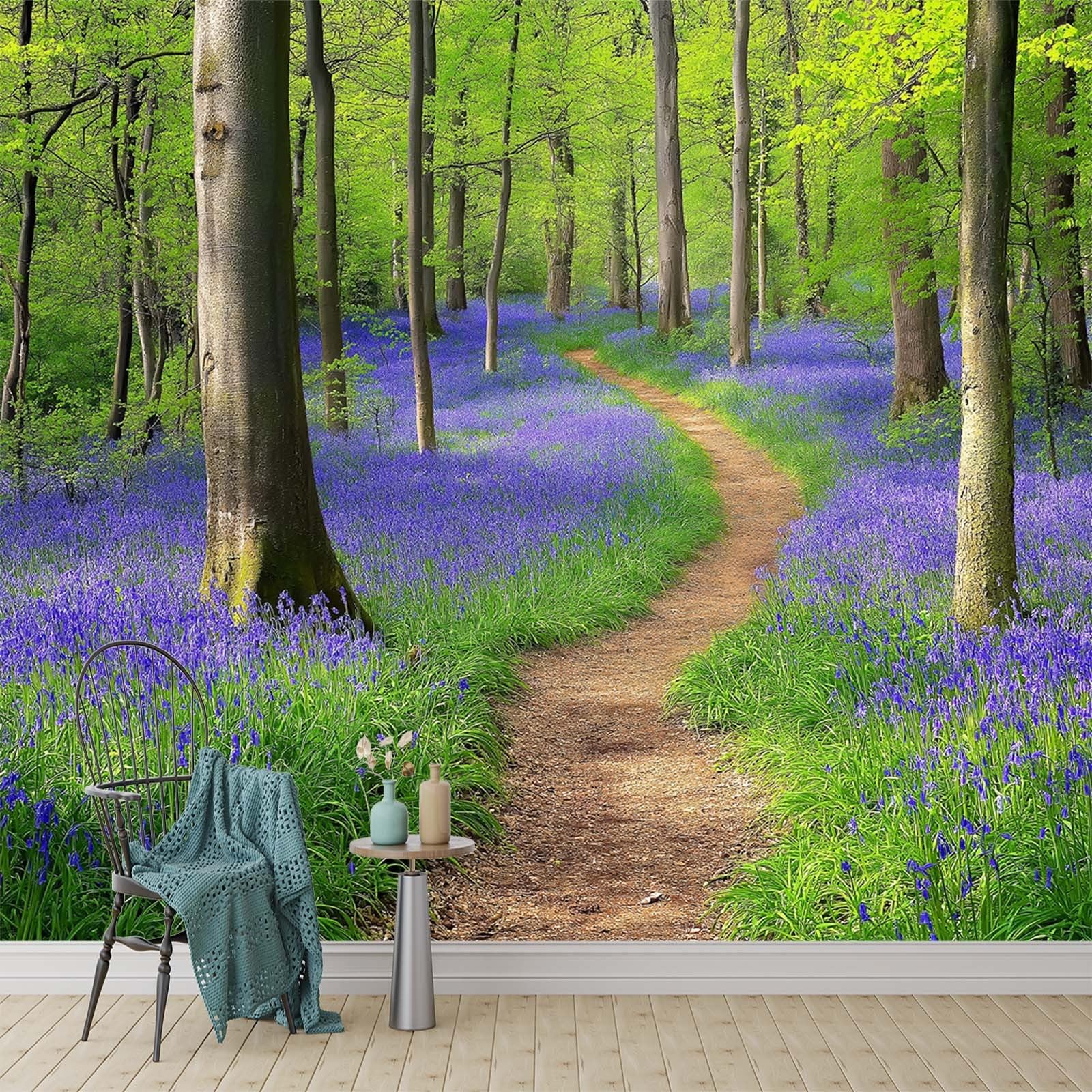 Bluebells Forest Path Wall Mural 300x210 cm, Woodland Nature Photo Wallpaper for Nursery Wall Decor, Room Decor Wall Covering