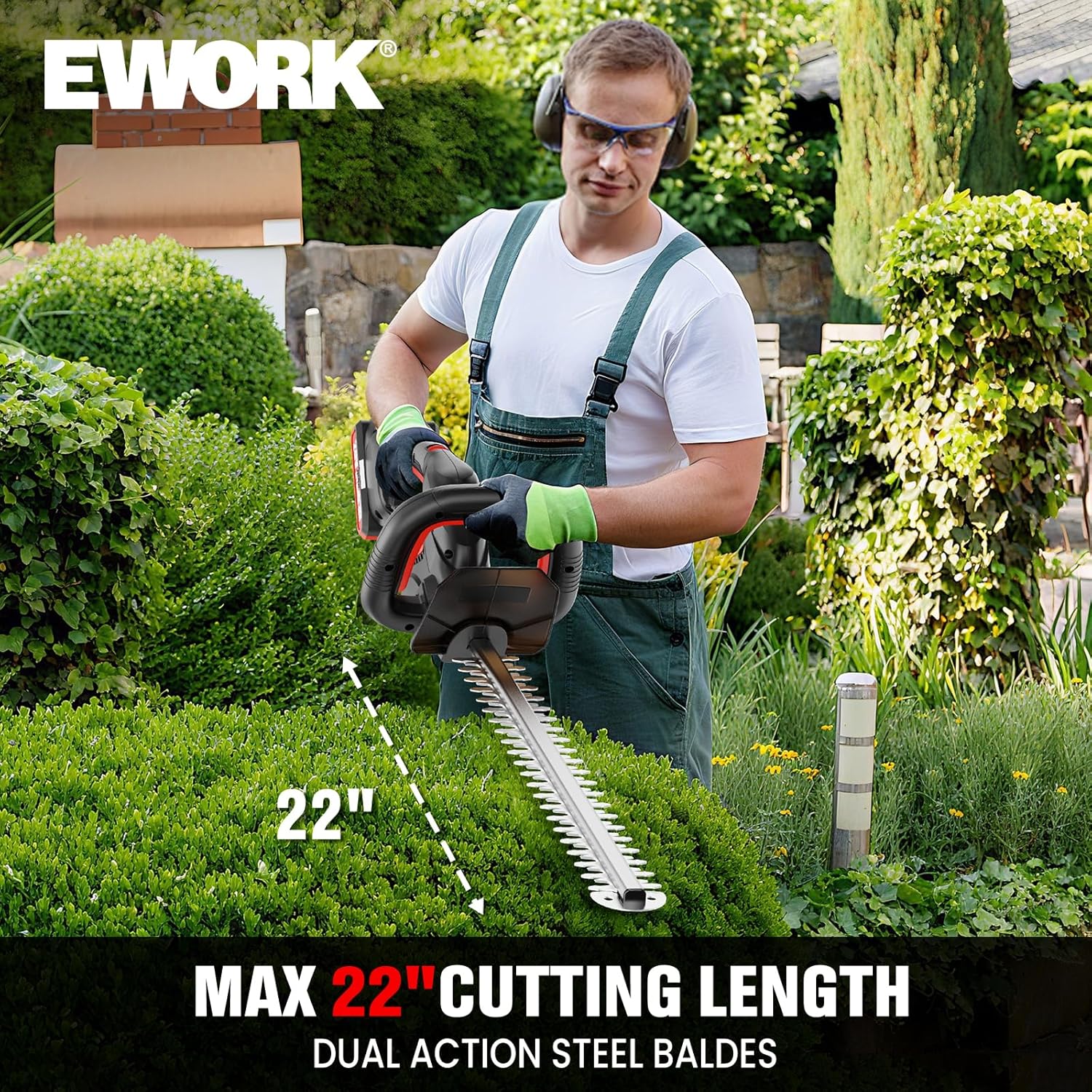 EWORK Electric Hedge Trimmer Cordless - 22" Battery Powered Bush Trimmer, Max 5/8" Cutting Capacity, Lightweight 4.3 Lbs, Handheld Shrub Trimmers with 2 x Battery and Charger for Garden, Yard (Red)