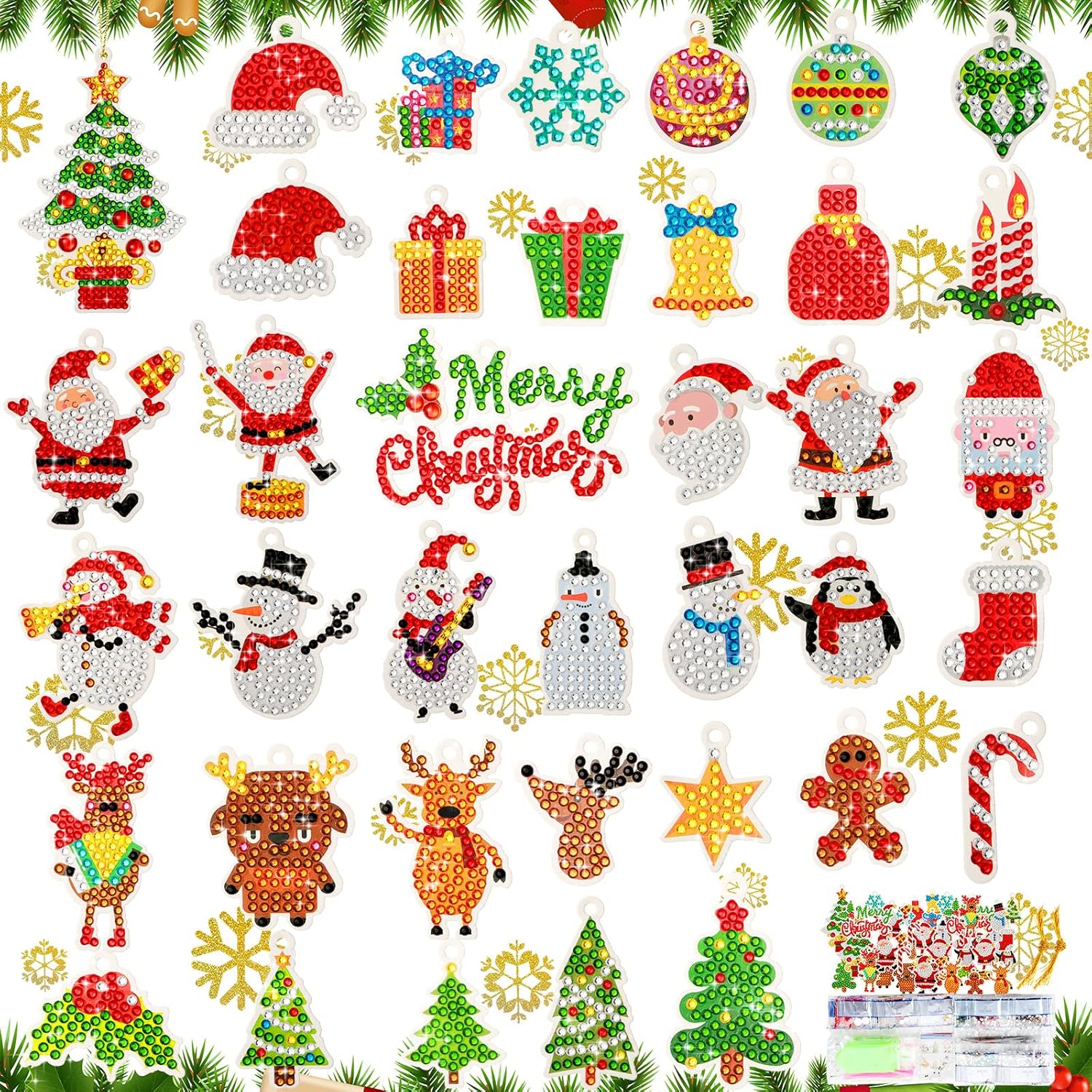 Geosar 38 Pieces Christmas Painting Keychain Mini Keychain Pendant 5D DIY Diamond Keychain Kit Rhinestone Mosaic Making Full Drill Diamond Pendant for Christmas Arts Craft