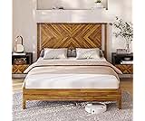Bme Vivian 14 Inch Deluxe Bed Frame with Headboard, Rustic & Scandinavian Style with Solid Acacia Wood, No Box Spring Needed, 12 Strong Wood Slat Support, Easy Assembly, Queen, Rustic Golden Brown