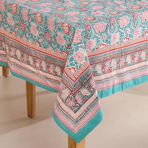 Miniatura 71 de Hand Block Printed Cotton Tablecloth – Elegant Floral Design Perfect for Dining Table Kitchen Parties Home Decor, Wall Tapestry (Peach Floral, 6