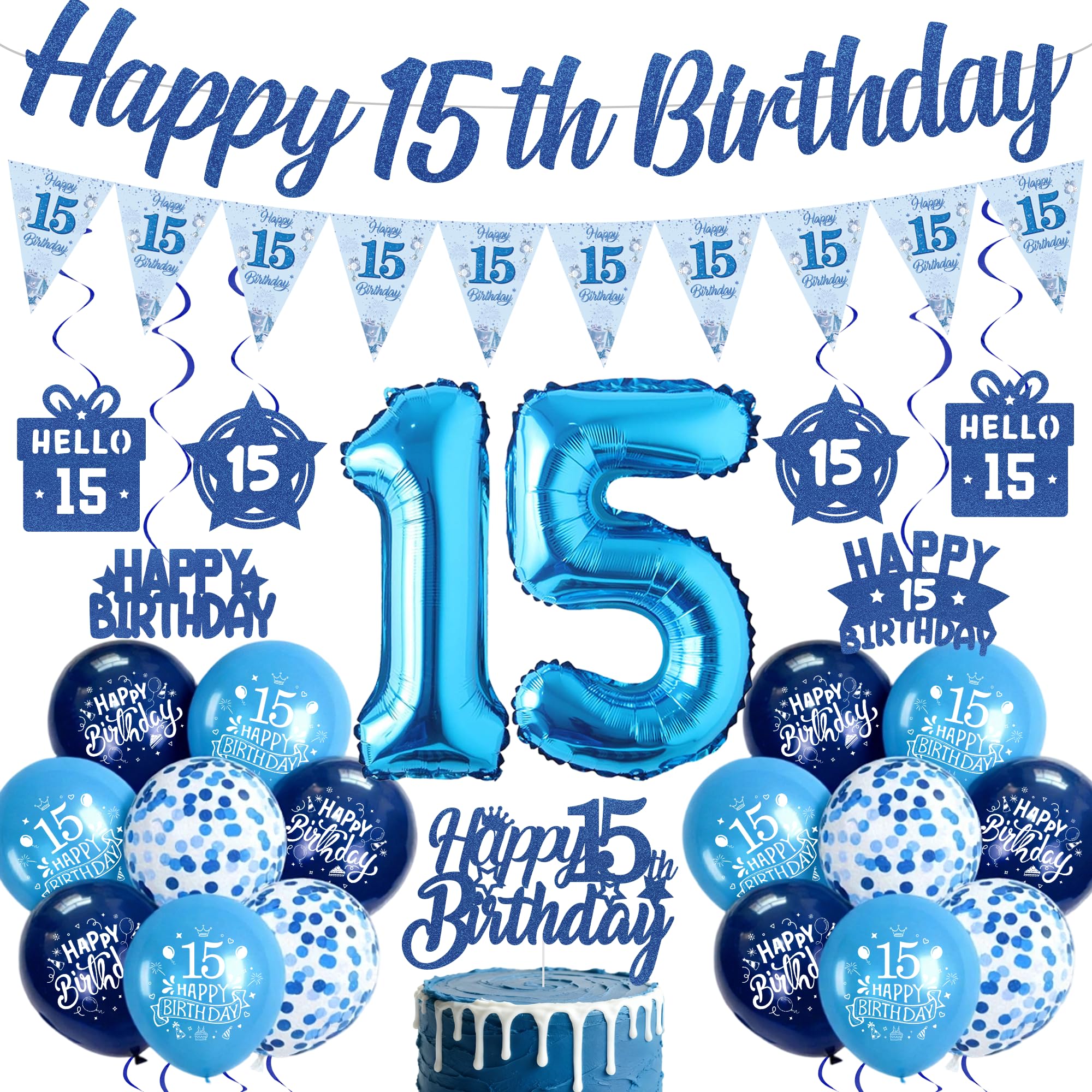 15th Birthday Decorations for Boys, Blue 15 Years Old Party Supplies