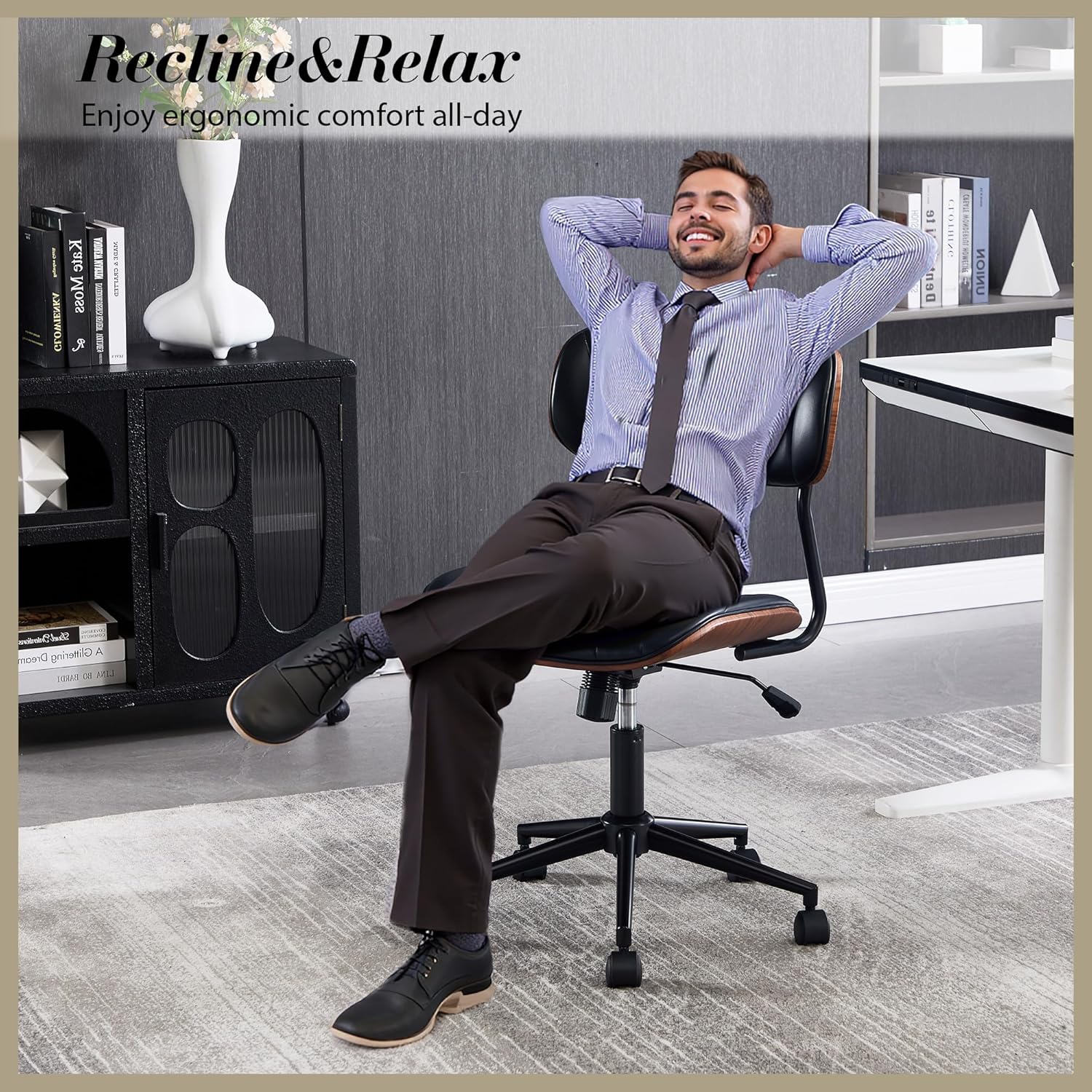 Modern Walnut Home Office Chair，Adjustable Height Desk Chair with Wheels，Armless Computer Chair for Office, Reading Meeting Room, Black