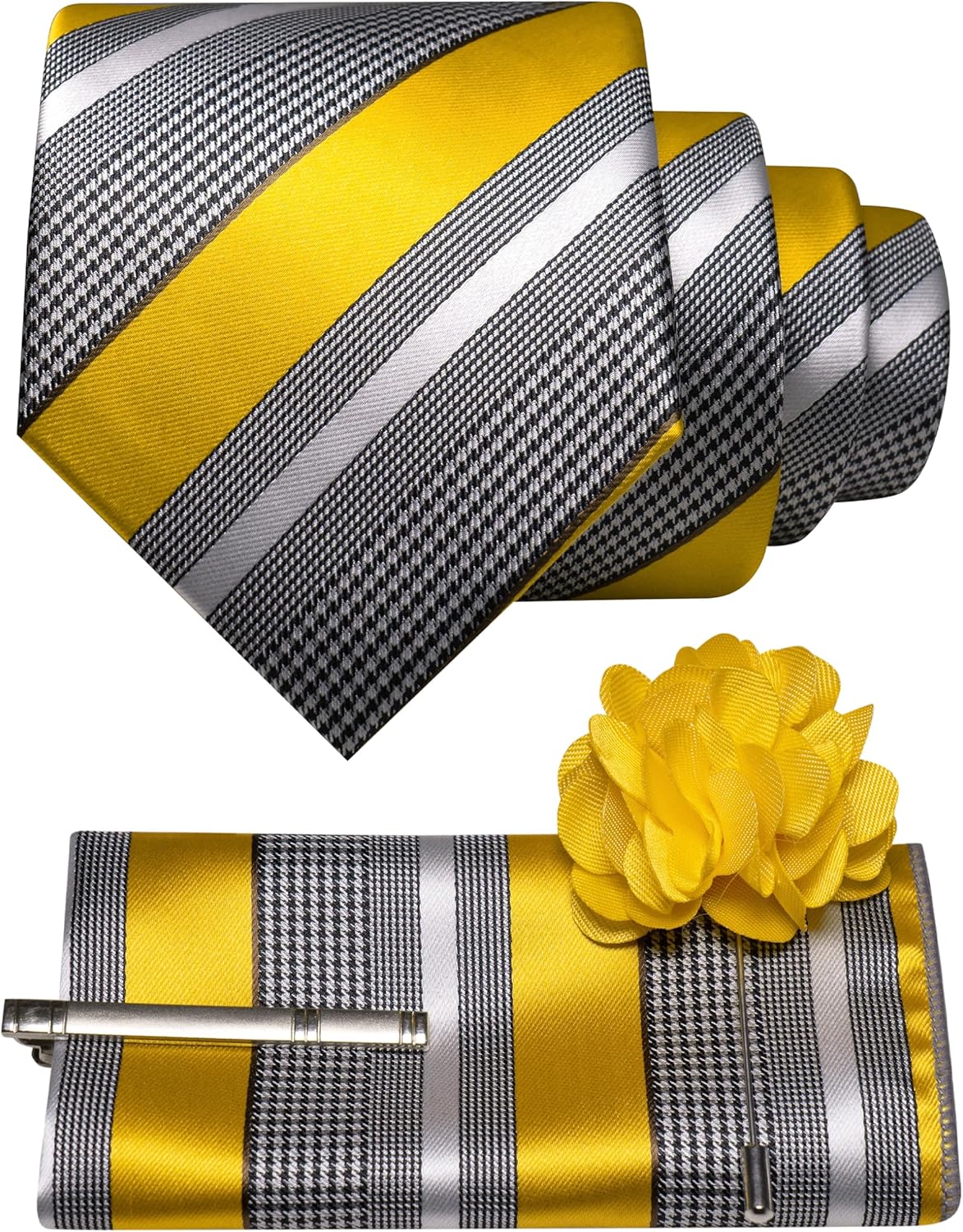 JEMYGINS Mens Striped Tie and Lapel Pin Necktie Pocket Square and Tie Clip Sets for Business Casual 4PCS