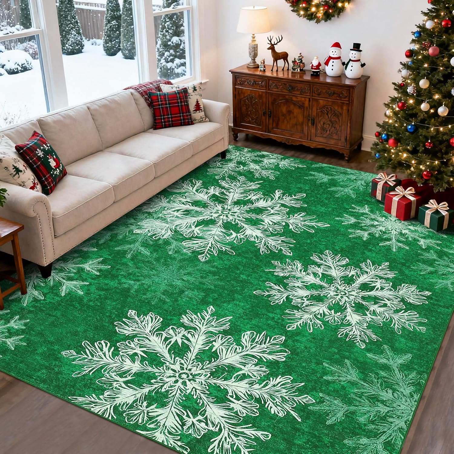 GarveeHome Christmas Area Rug for Kids Room 8x10 Washable Rug Modern Snowflake Print Living Room Rug with Non Slip Backing Stain Resistant Non Shedding Floor Cover Carpet for Bedroom, Green