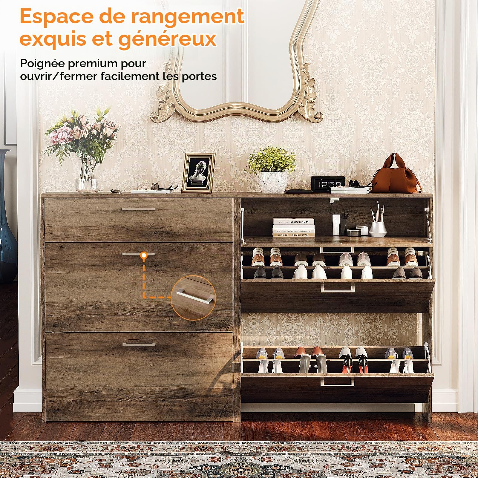 Bonnlo Meuble à Chaussures 2 Portes & 1 Tiroir, Meuble Rangement Chaussures pour 12-16 Paires, Armoire à Chaussures, 80 x 24 x 94 cm, pour Entrée & Couloir (Gris lavé)