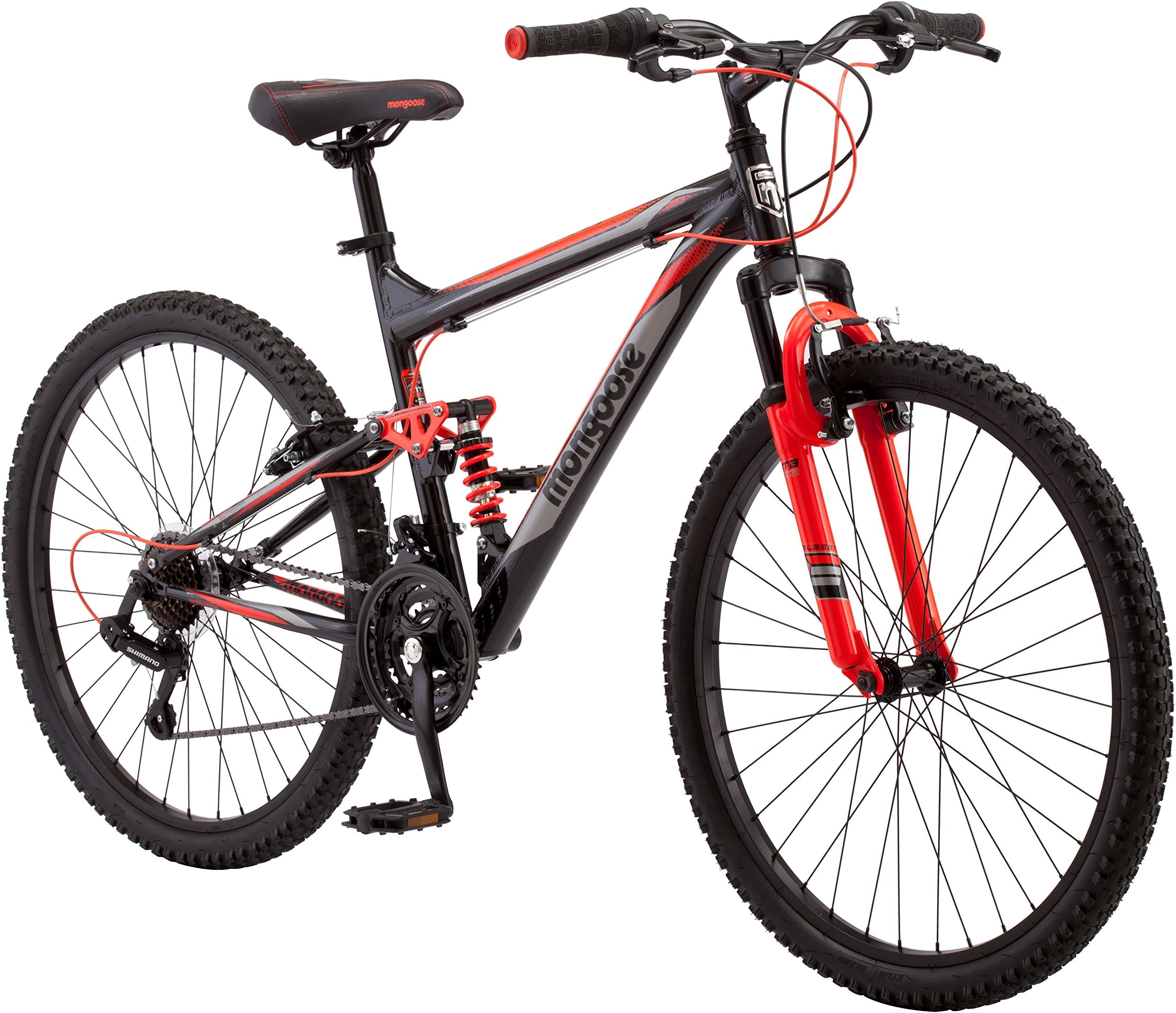 Mongoose Status Mens and Womens Mountain Bike, 26-27.5-Inch Wheels, 21-Speed, Aluminum Frame, Dual and Front Suspension