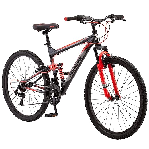 Mongoose Status 2.2 Mens and Womens Mountain Bike, 26-Inch Wheels, 21-Speed Shifters, Aluminum Frame, Front Suspension,a Black/Red