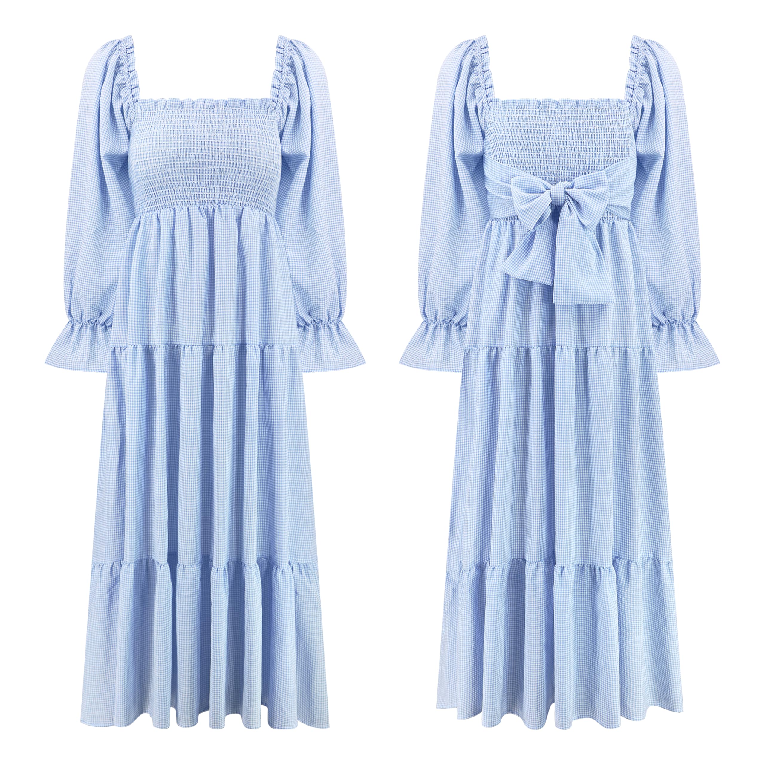 R.Vivimos Estate delle Donne Boho Manica Lunga Cravatta Vita Quadrata Collare Abito Midi con Volant Elegante Vestito Casual per Le Vacanze
