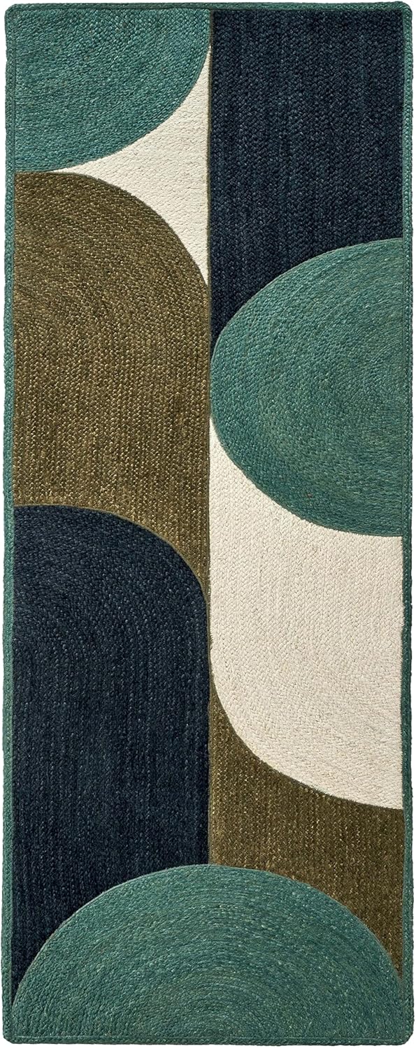 Handcrafted Woven Jute Runner Rug 2.6x4 Ft Rustic Vintage Area Rugs Modern Blue Geometric Pattern Jute Runner Rug Ideal for Hallway Entryway Kitchen Narrow Space Bedside Home Décor