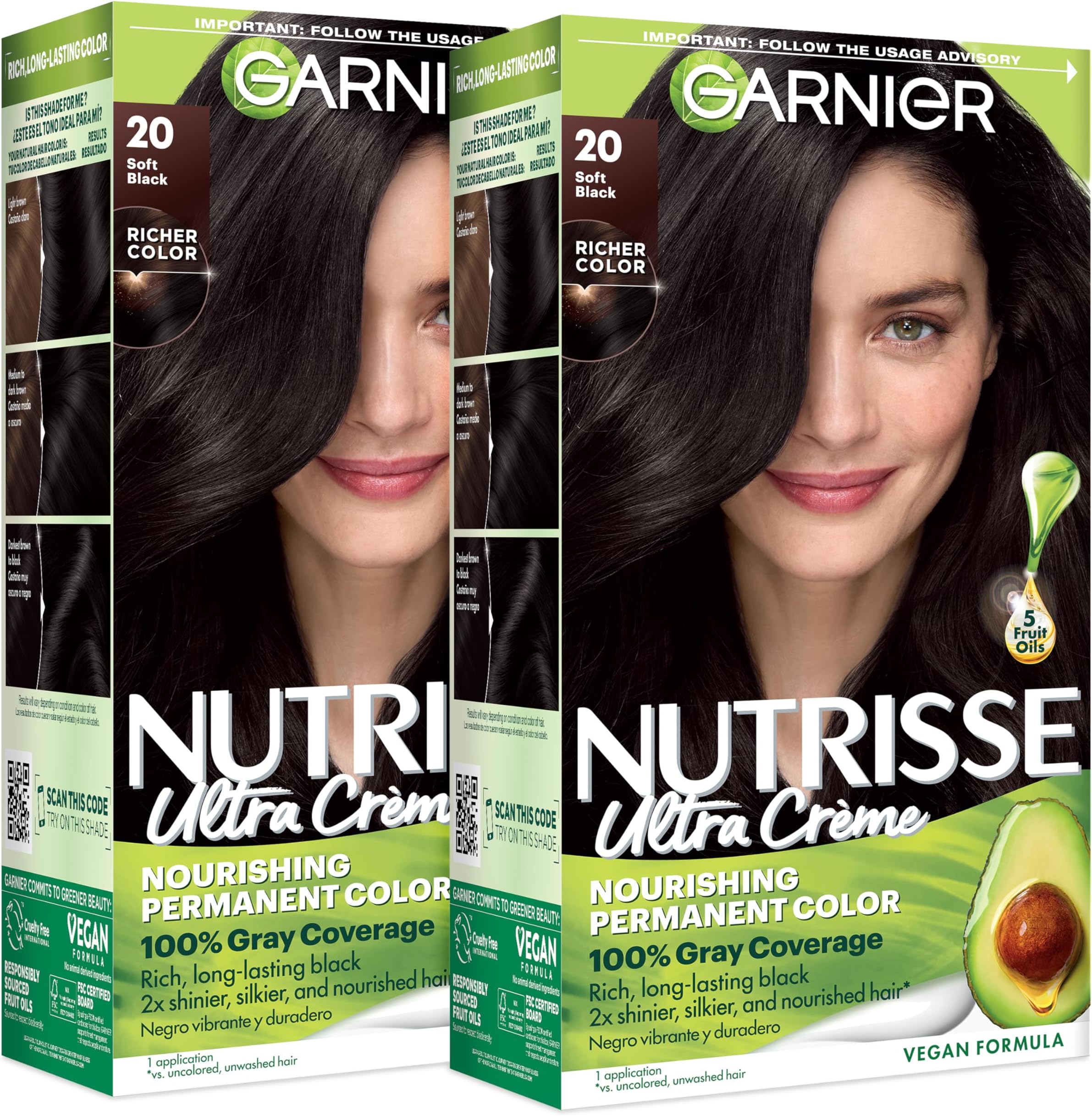 Garnier Hair Color Nutrisse Nourishing Creme, 20 Soft Black (Black Tea), 2 Count