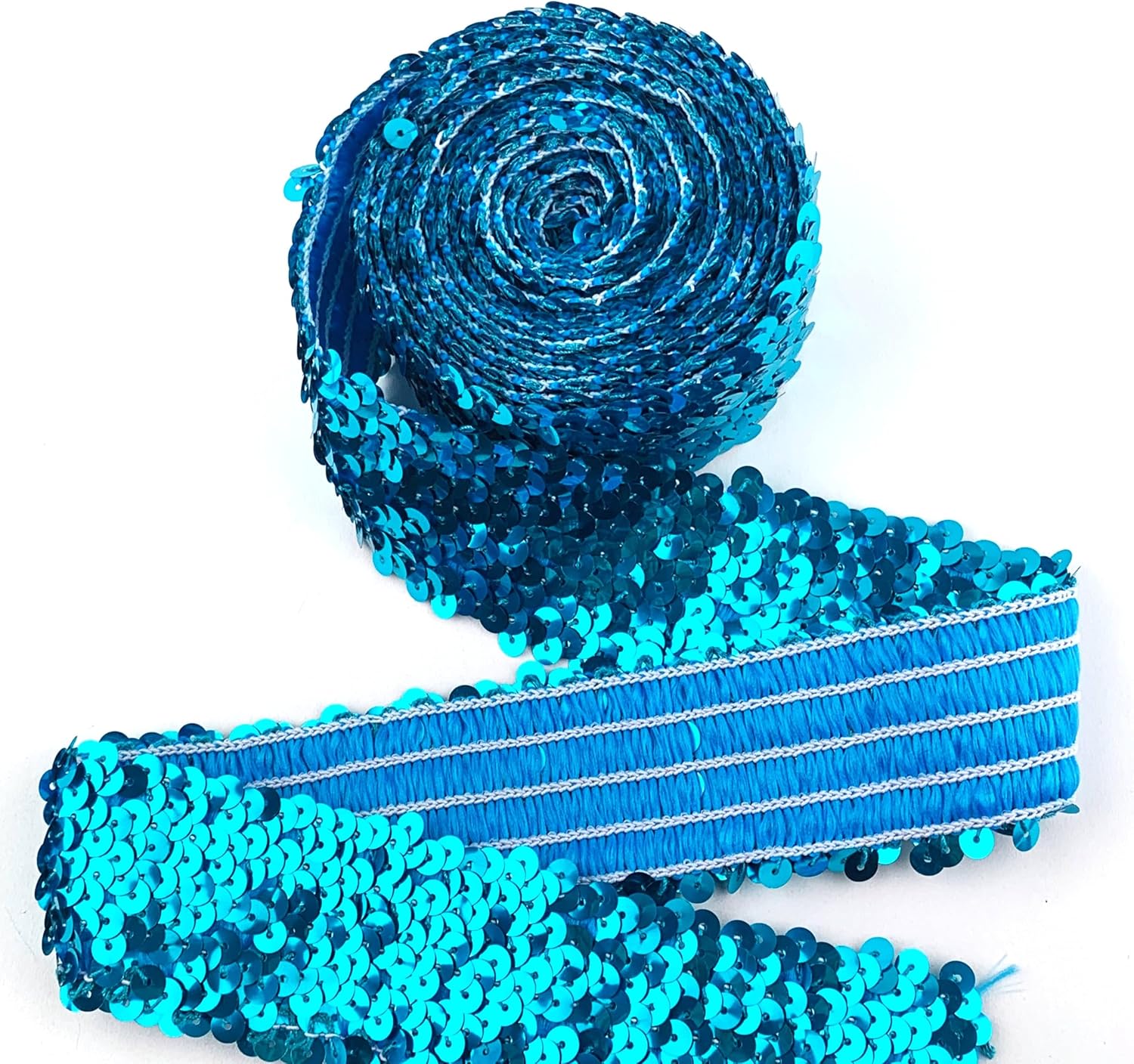 Heyiwell 3Yards Elastic Sequin Ribbon Trim 5-Row Lake Blue Glitter Elastic Trim for Sewing Dance Dress Headband DIY Crafts 1.88" Inch