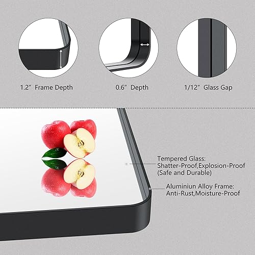Miniatura 3 de Espejos con marco negro para baño, espejo rectangular redondeado de 22 x 30 pulgadas para pared, espejo de tocador negro mate con vidrio templado,