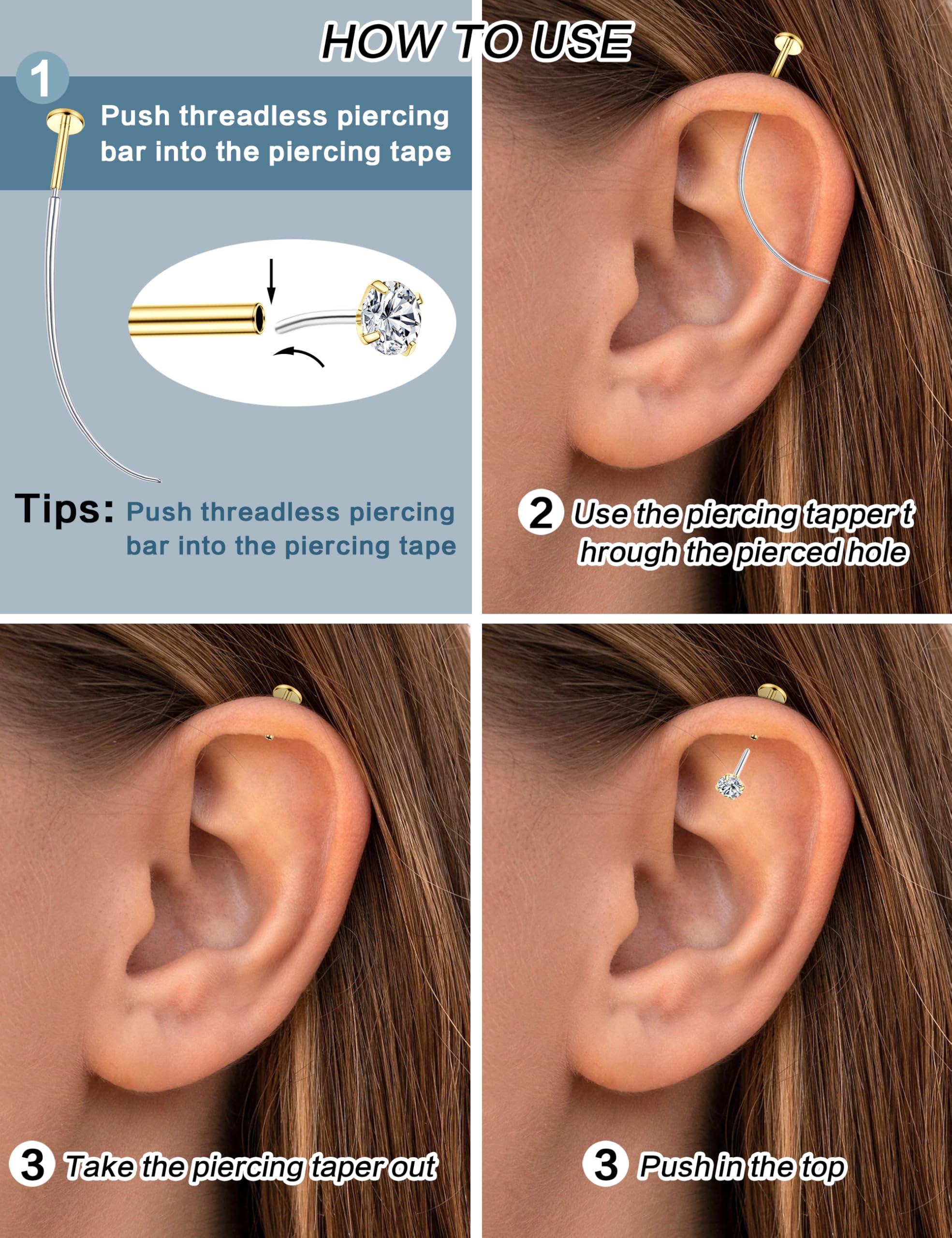 Chriscoco 4-8 sztuk G23 Titan Helix piercing do nosa, wargi, tragus, conch, labret, meduza, złoty, srebrny, do chrząstki, 16 g/18 g/20 g