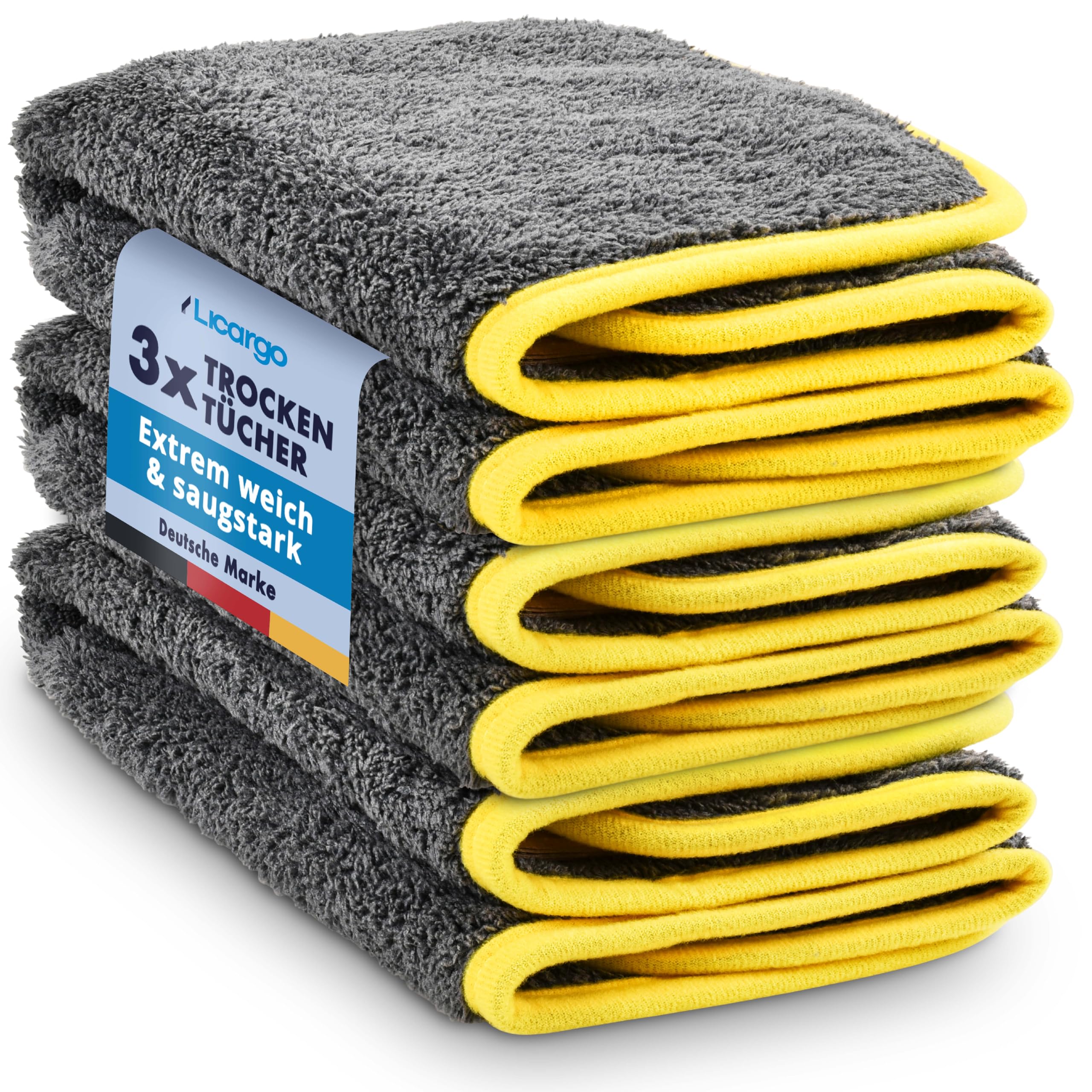 LICARGO Mikrofasertücher Auto 3 Stück 600 GSM 40x40 - saugstark & weich - Poliertuch Lackpflege Microfasertuch Autopflege, Mikrofasertuch & Auto Trockentuch (3X Trockentücher - 40x40cm - gelb)
