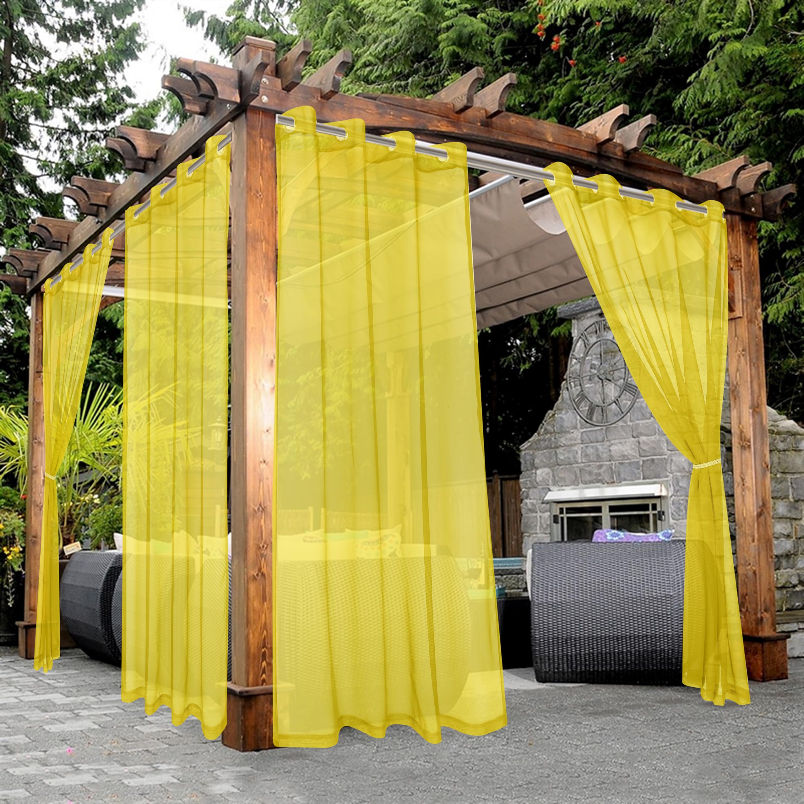 BONZER Waterproof Indoor/Outdoor Sheer Curtains for Patio - 2 Panels Wide Grommet Voile Curtains for Living Room, Bedroom, Porch, Pergola, Cabana, 54 x 108 inch, Yellow — image 1