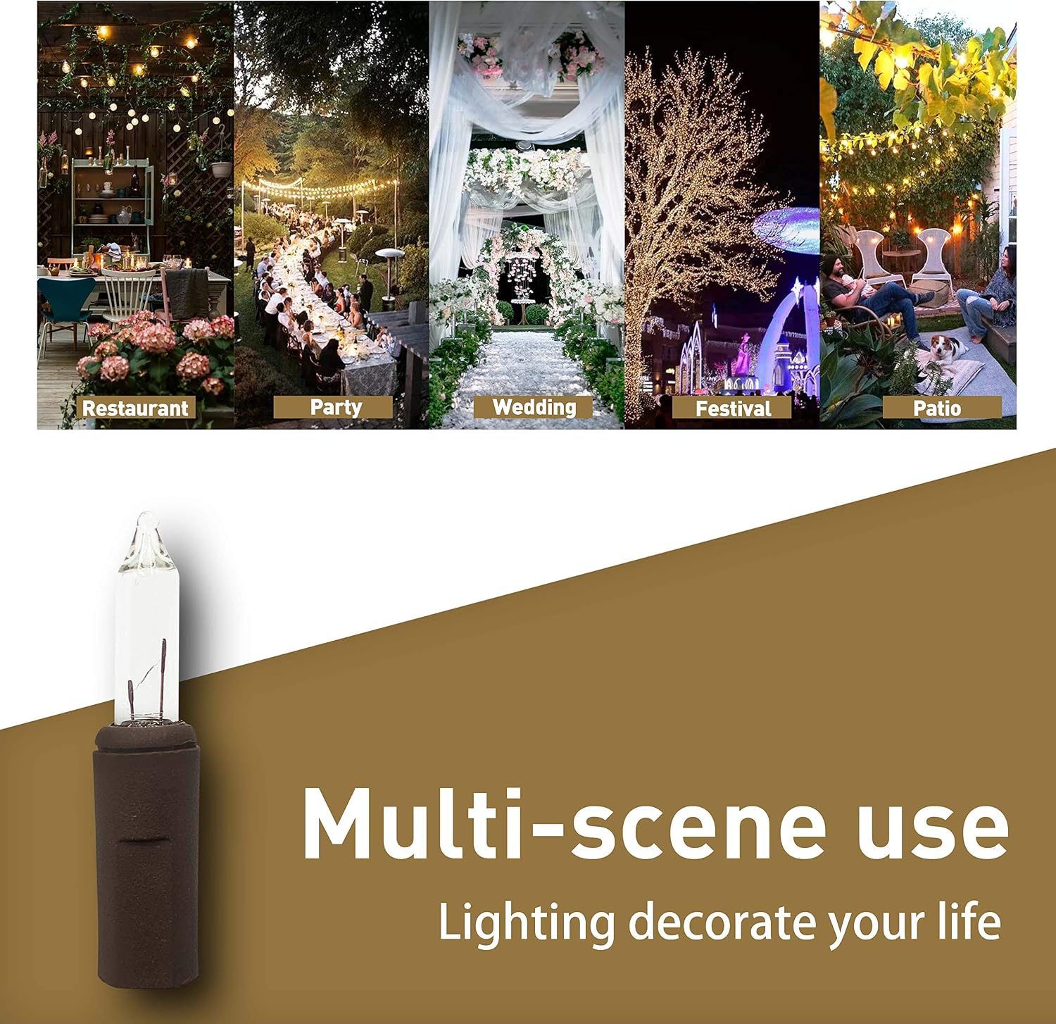 Brown Wire Christmas Lights String White 100 Mini Incandescent Outdoor Indoor Waterproof Xmas Tree Decoration Plug in 23 Feet Used for Patio Party Festive Courtyard Home