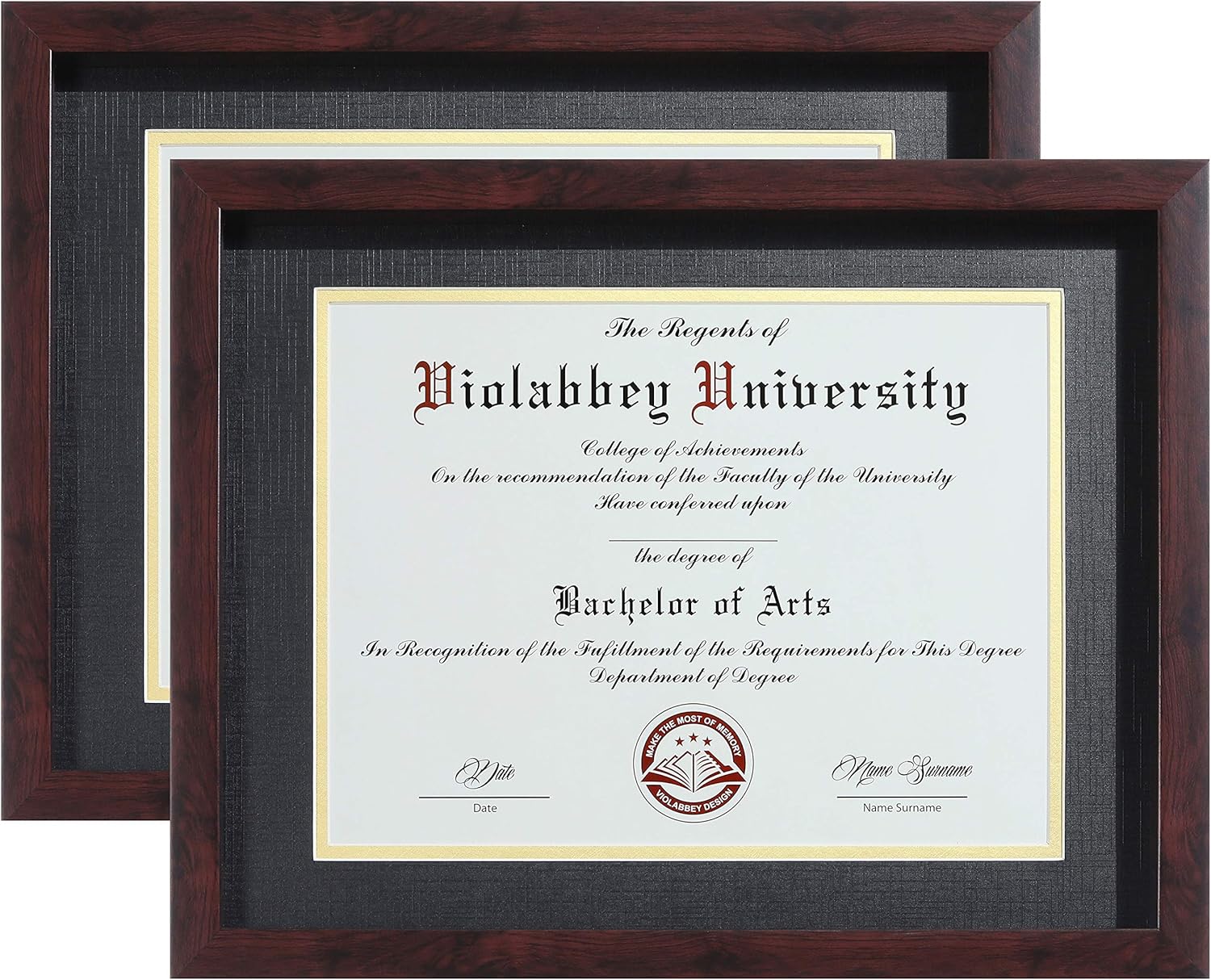 VIOLABBEY 8.5 x 11 Diploma Frame Brown 2 pack with HD Real Glass |Fits 8.5x11 Inch Degree &Document with Black Gold Double Mat or 11x14 without Mat, Certificate Frame for Wall or Tabletop Display
