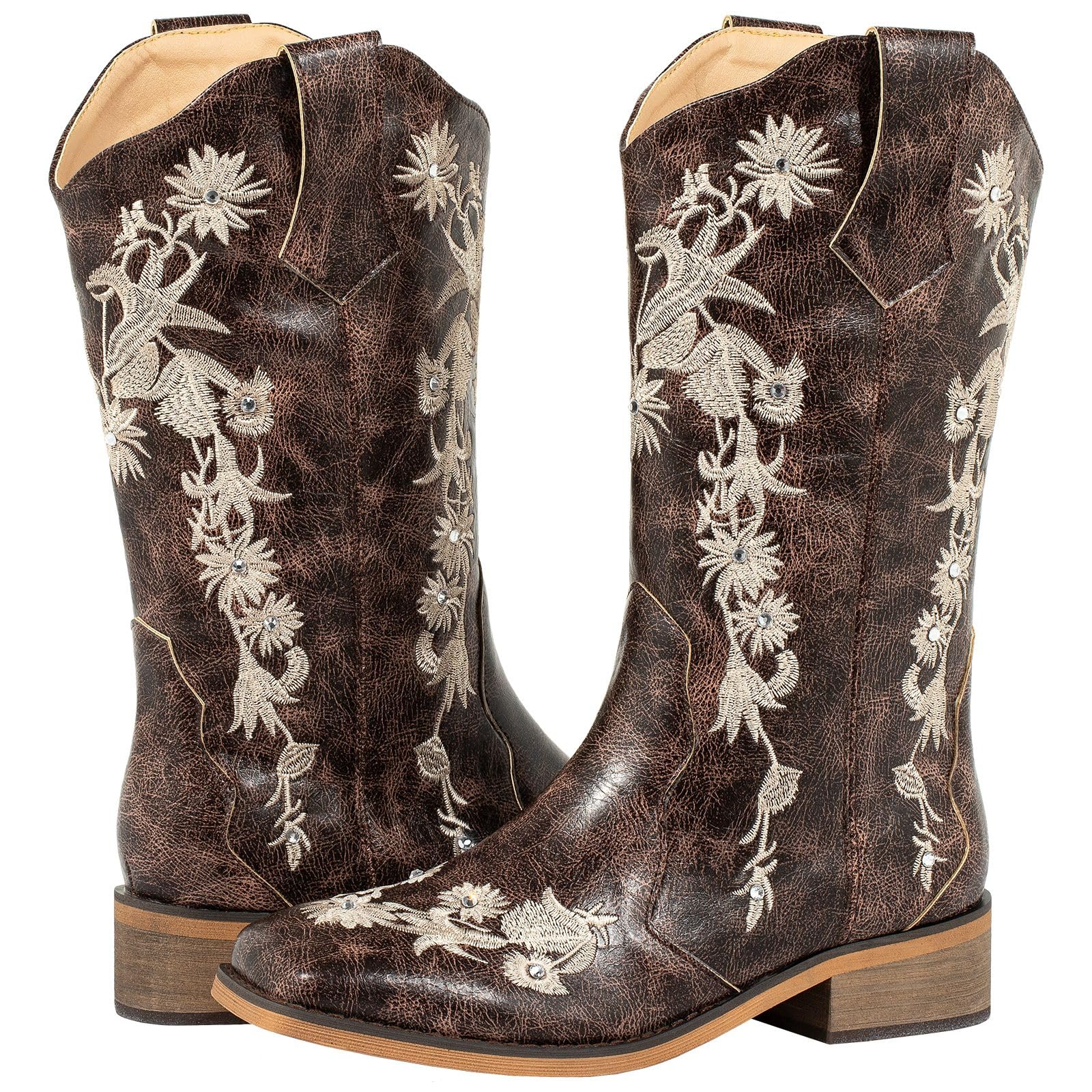 SheSole Cowboy Boots for Women Square Toe Mid Calf Floral Western Cowgirl Boots Sparkle Rhinestone Wedding Shoes