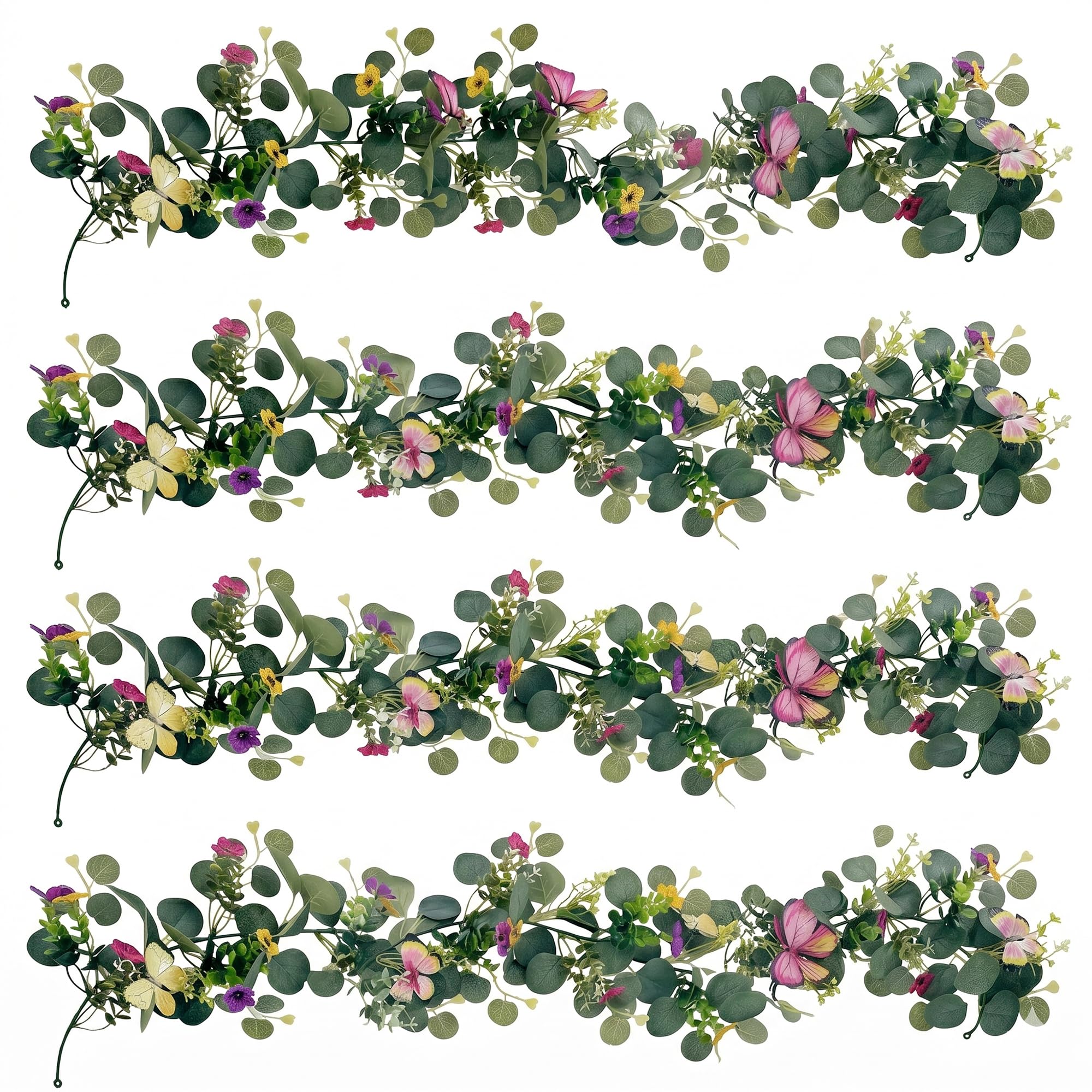 4 Pièces Guirlande Fleurs Artificielles 1.8m avec Fleurs Blanches et Papillons 3D Guirlande Eucalyptus Plante Artificielle de Fleur Fausse Plantes pour Murale Mariage à Maison Décoration