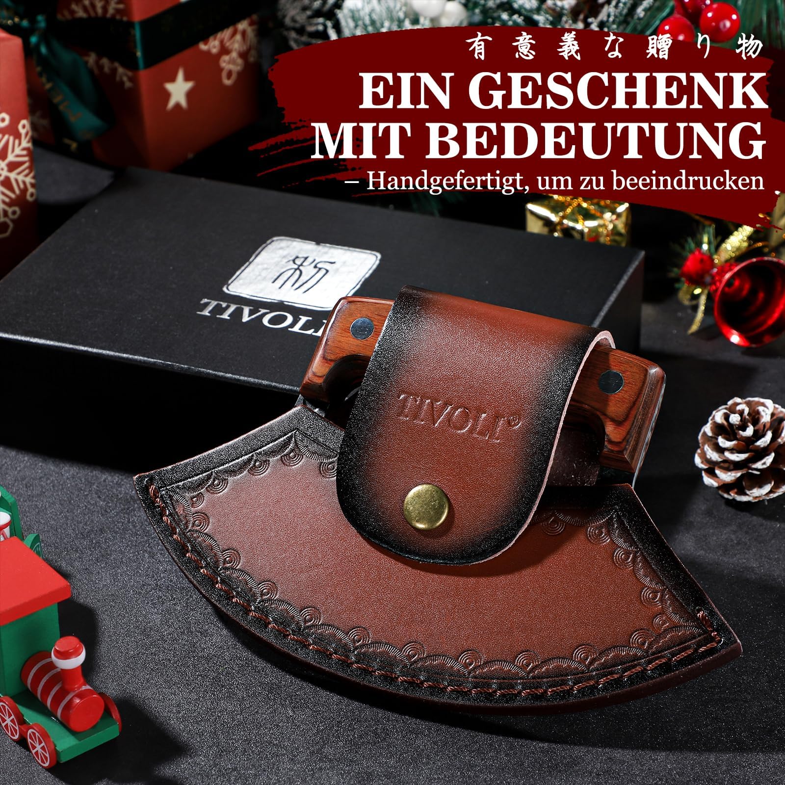 TIVOLI Handgesmede Ulu-mes – Volle snede van hoogwaardig koolstofstaal, met beschermhoes & cadeaudoos, mezzaluna groentesnijder & pizzames voor keuken, kamperen & BBQ