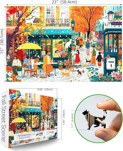 Miniatura 2 de Rompecabezas de escena de café de otoño para adultos, 500 piezas, colorido rompecabezas de calle con letras en la parte posterior, rompecabezas
