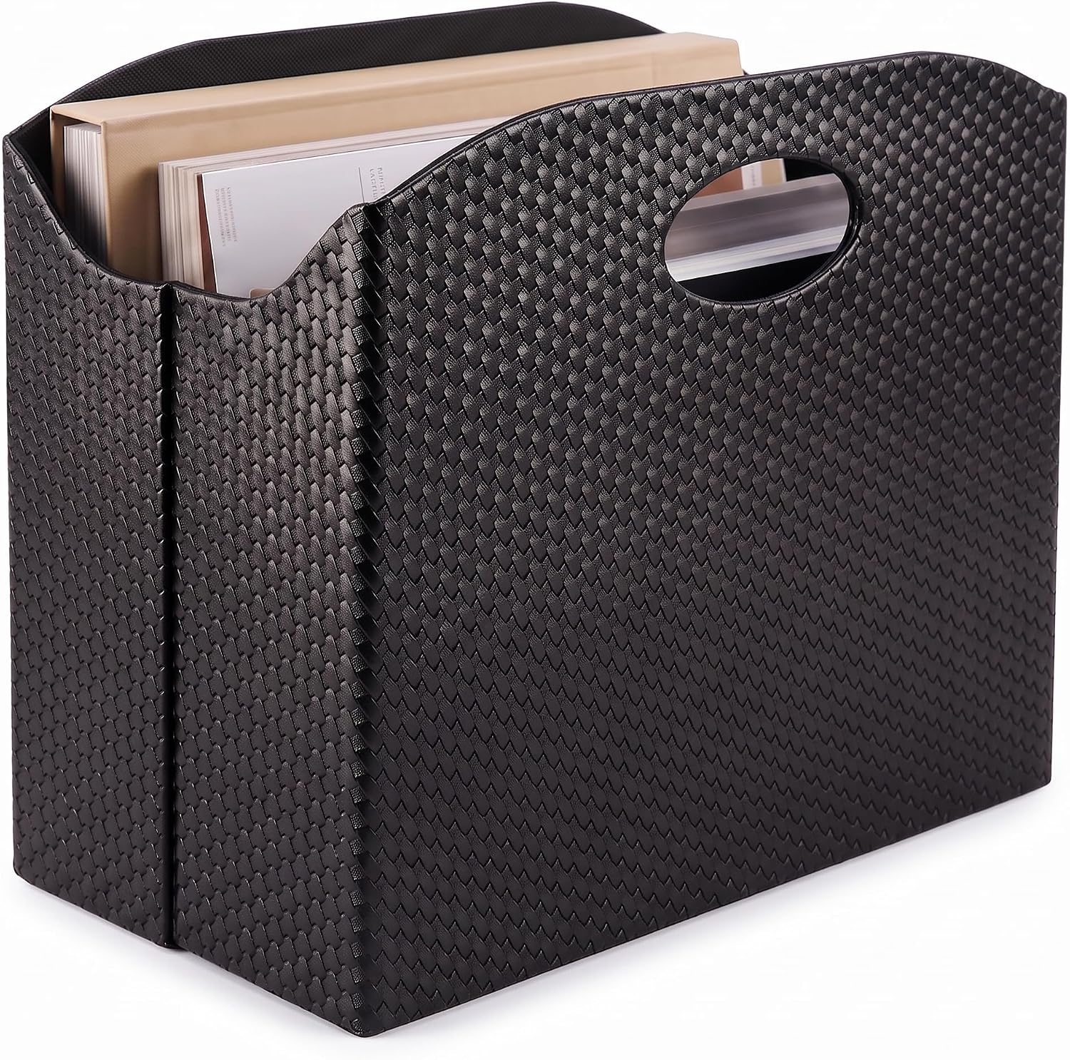 BLU MONACO | Black Woven Leather Magazine Holder with Handles | Stylish Magazine Rack for Floor or Table | Decorative Basket for Living Room, Office, or Reception