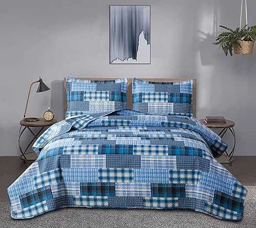 Miniatura 2 de Juego de edredón tamaño Queen colcha de retazos azules a cuadros ropa de cama para hombres y niños colcha reversible para el hogar colcha ligera