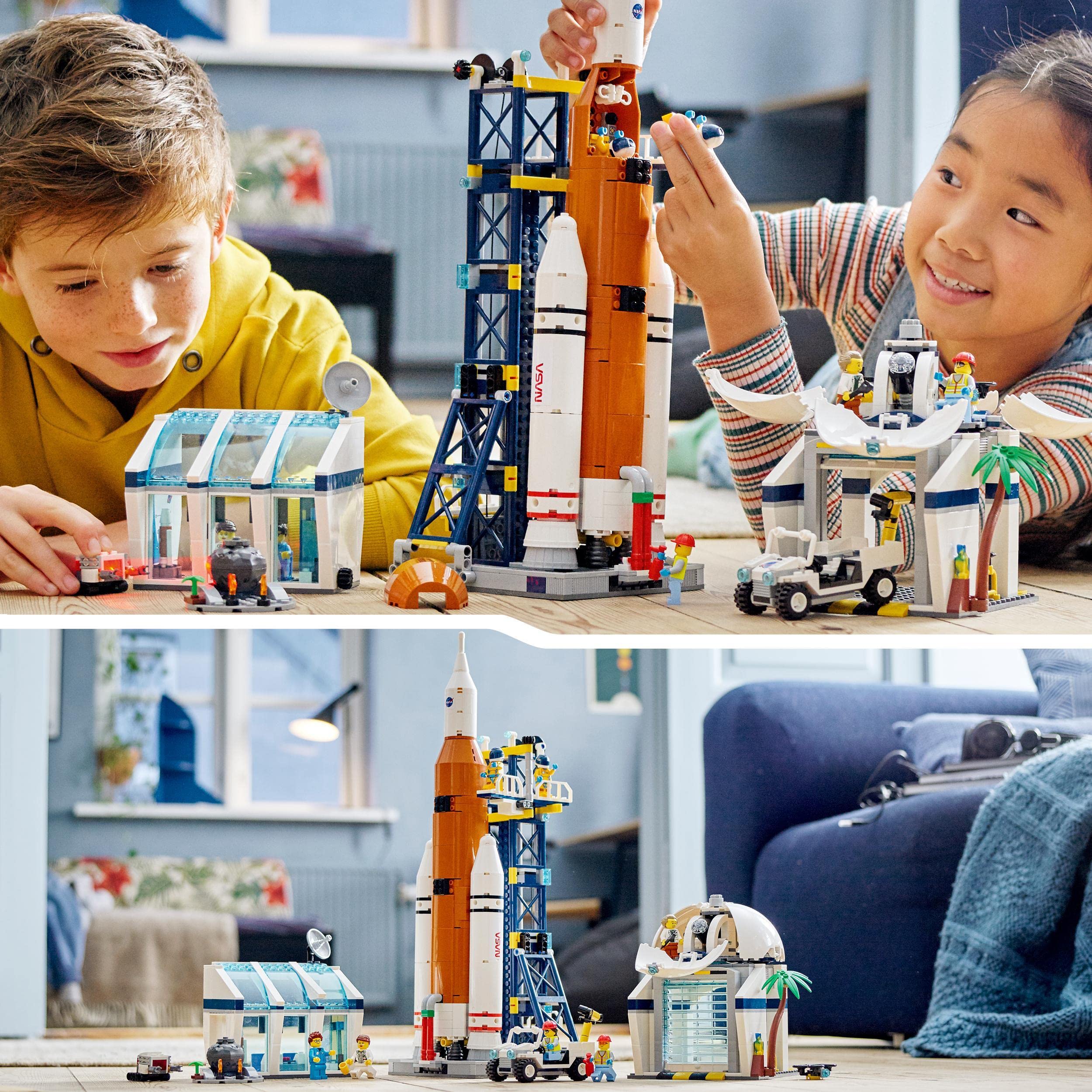 LEGO 60351 Start Rakiety z Kosmodromu, Kosmiczna Zabawka dla Dzieci, Zestaw Inspirowany NASA z Łazikiem, Obserwatorium i 7 Minifigurkami Astronautów