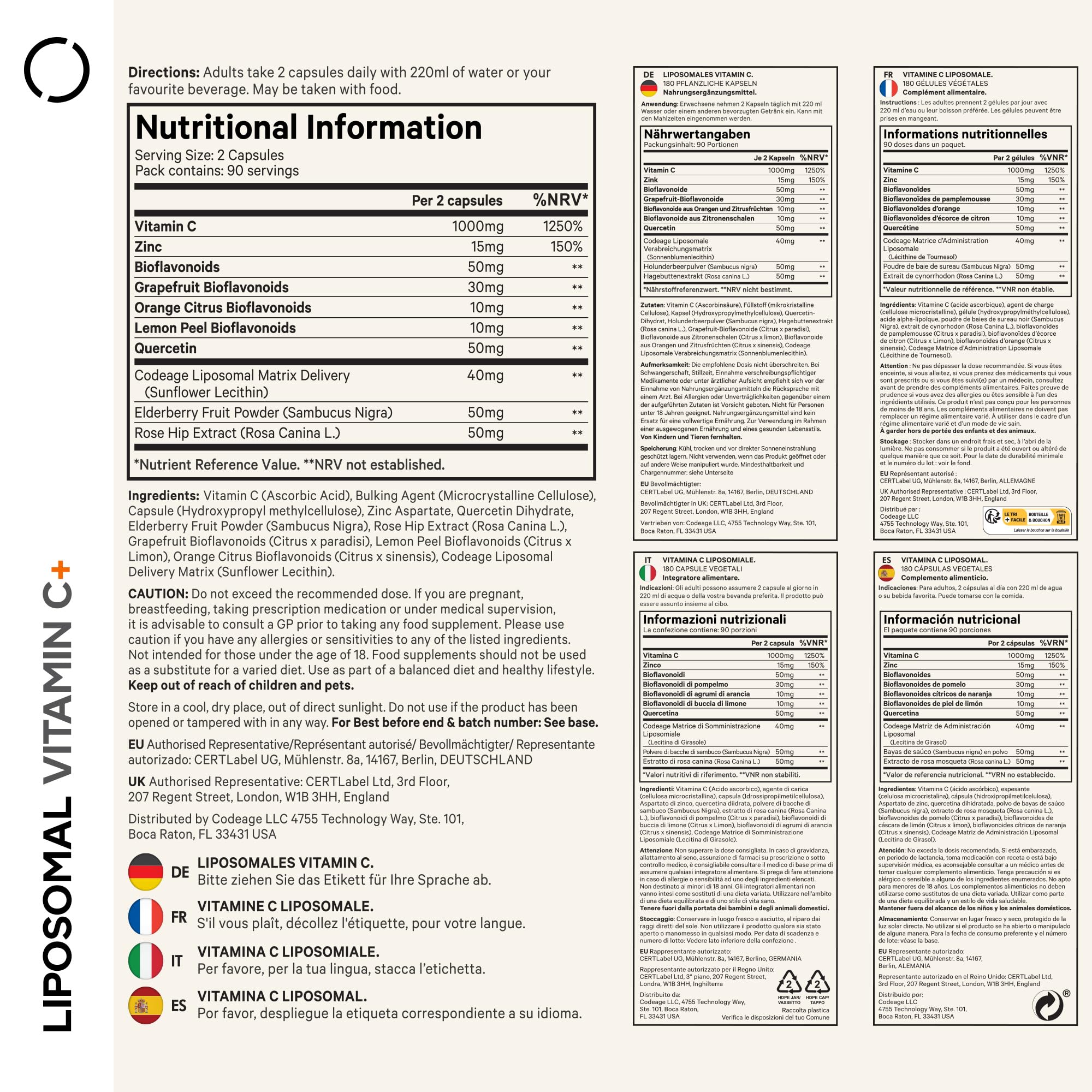 Codeage Liposomales Vitamin C Mit Zink, Holunder, Zitrus-Bioflavonoid-Komplex Grapefruit, Zitrone, Orange, Quercetin Und Hagebutten Vegan, Gentechnikfrei Hochdosierte Tagesergänzung 180 Kapseln