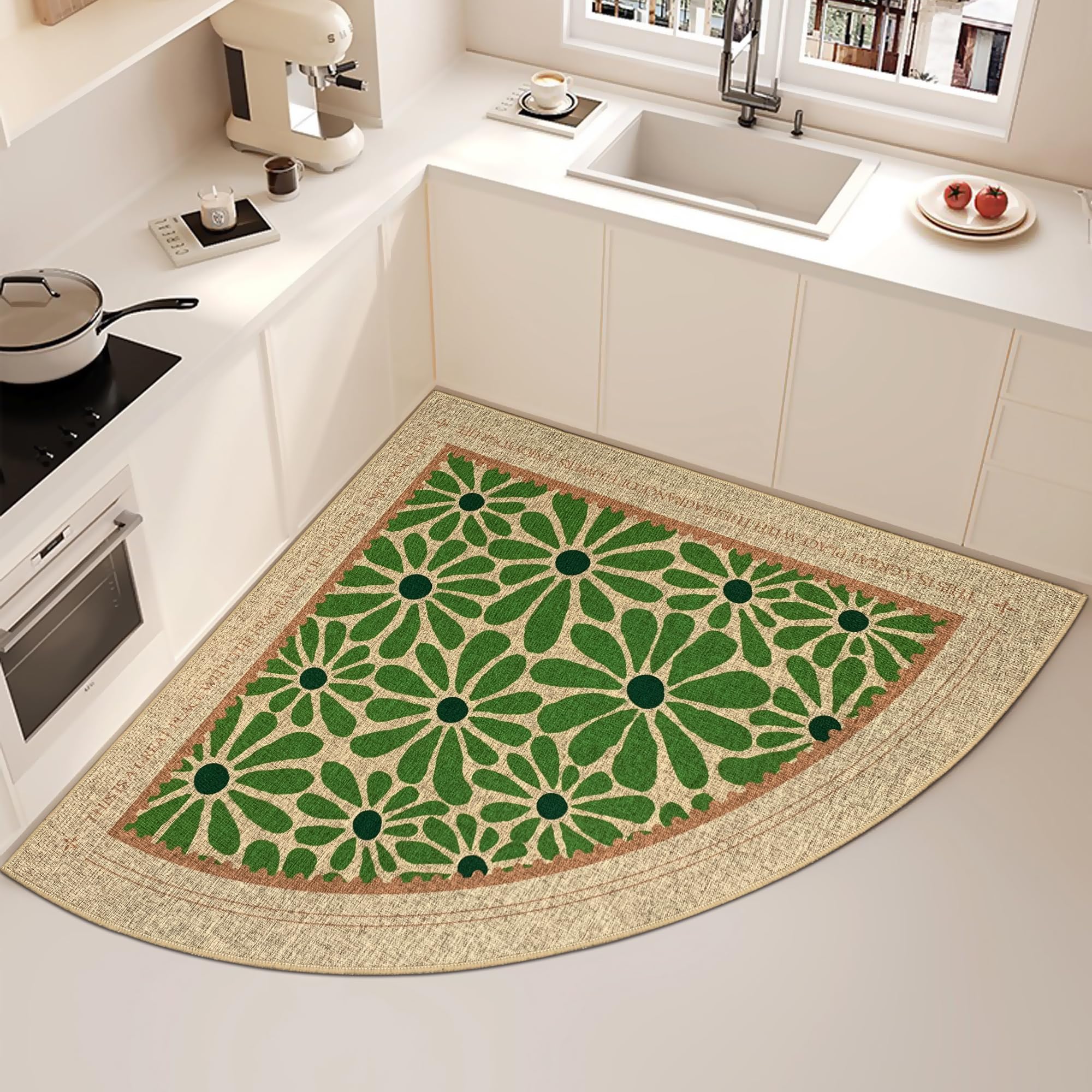 SHIYUE Tappeto angolare triangolare, lavabile, antiscivolo, in gomma morbida, per lavello, bagno e camera da letto, tappetino per lavanderia (99 cm, fiore verde)