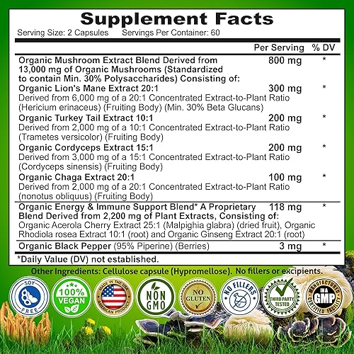 Miniatura 6 de Complejo orgánico de hongos melena de león, cola de pavo, cordyceps, chaga, contiene beta-glucanos naturales - Mezcla de energía orgánica y apoyo