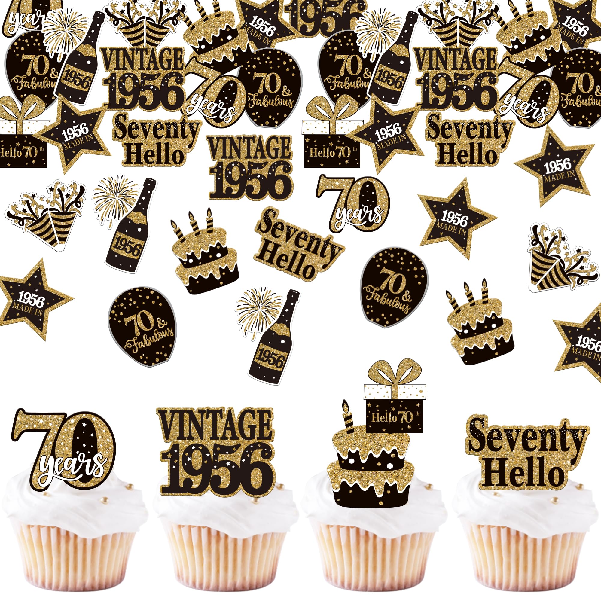 SYKYCTCY 63 Pack Edible Happy 70th Birthday Cupcake Toppers Glitter Seventy Vintage 1956 Cupcake Picks Cheers to 70 Years Decorations for Happy 70th Birthday Party Cake Decor Supplies โ image 1