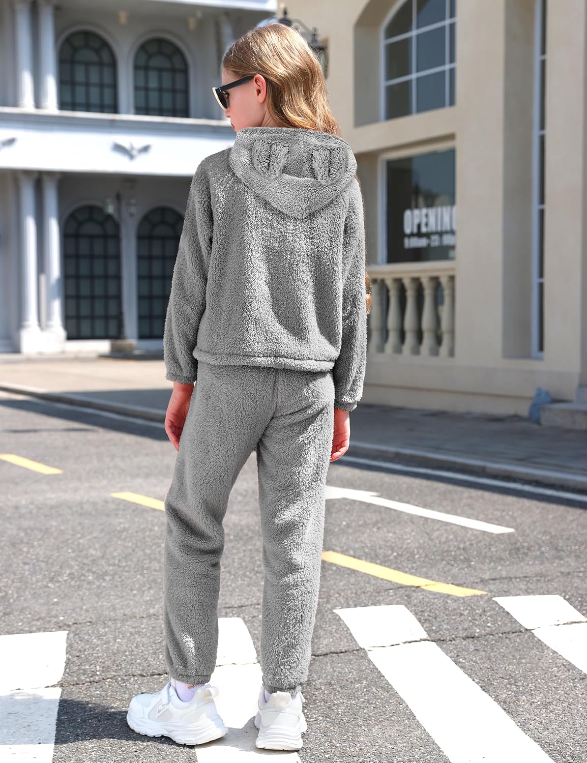 Shallmu Girls Fuzzy Bear Ear Plaid Hoodie Pullover Sweatshirt with Pocket Sweatpants Fall Winter 2 Piece Outfits