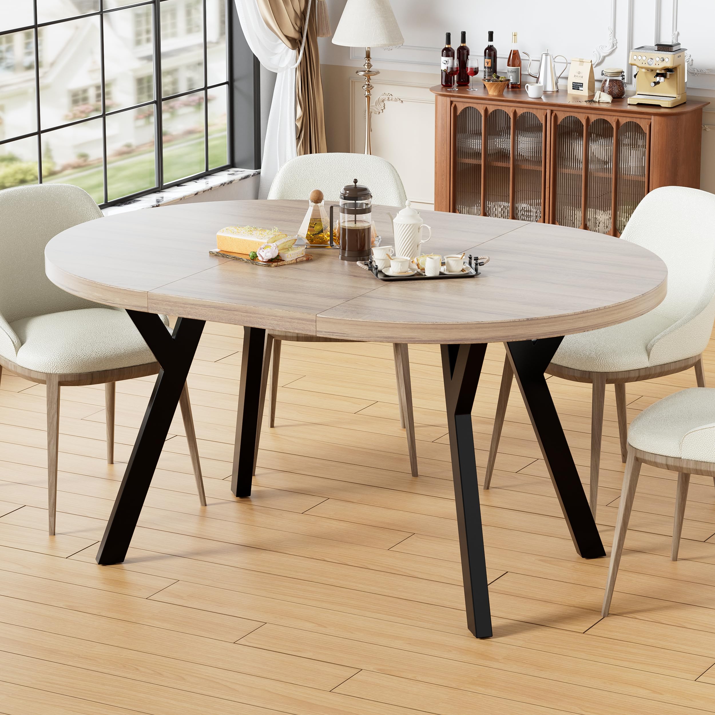 MSFE Tavolo da Pranzo, Tavolo Rotondo Allungabile per 4-6 Persone, 100-140 cm, Tavolo da Cucina con Gambe a Croce in Acciaio e Piano in Legno per spazi multifunzionali