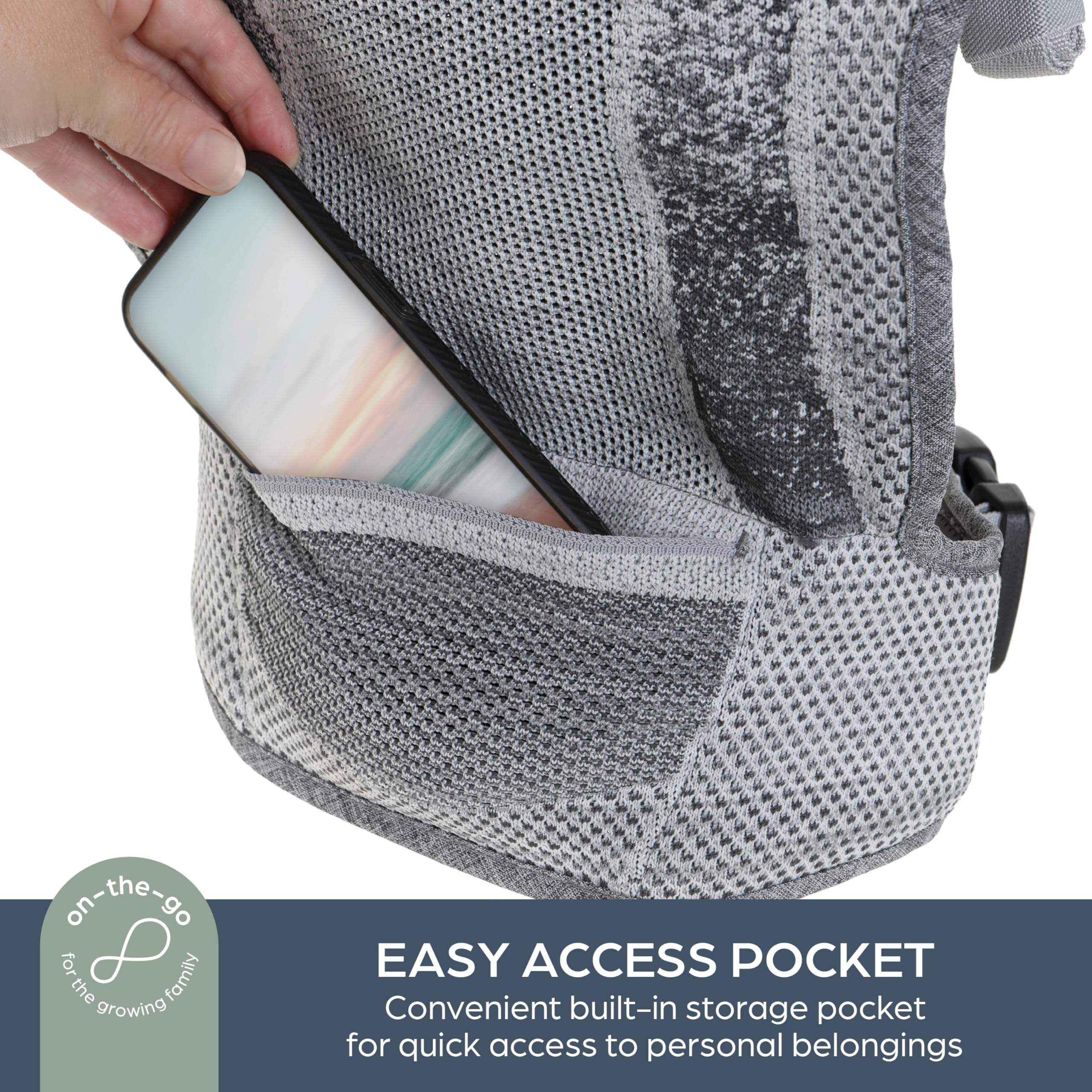 Dreambaby Inspire Porte-bébé à 3 positions, style avant et sac à dos, tissu tricoté respirant, soutien de tête confortable, sac de rangement intégré pour les parents en déplacement