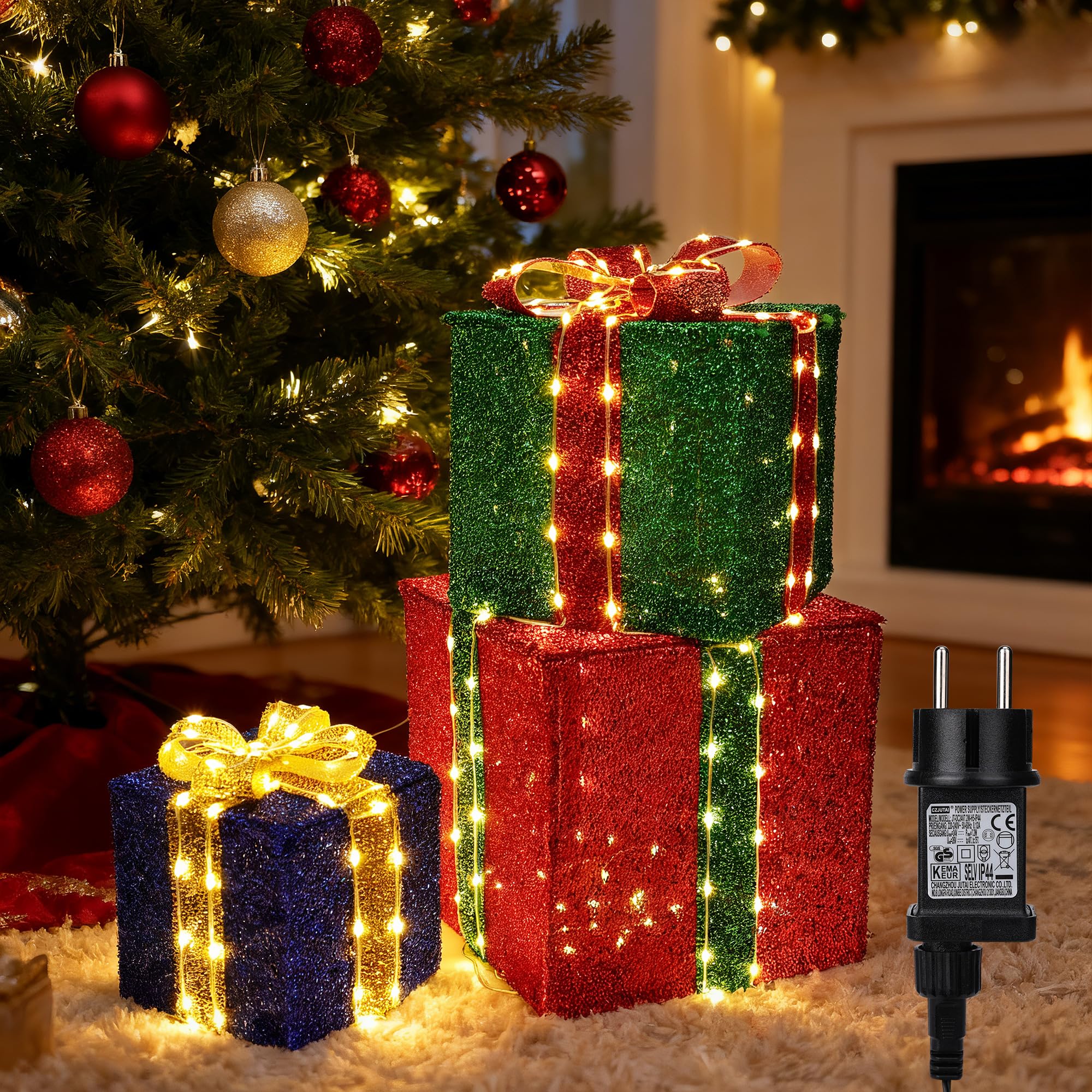 iBaycon Coffrets Cadeaux Lumineux De Noël,Blanc Chaud 160 LED Lot De 3 | Led Coffrets Cadeaux Avec Minuterie Prise de Courant,Décorations De Noël ,Éclairage d'Extérieur Jardin Pelouse Cour