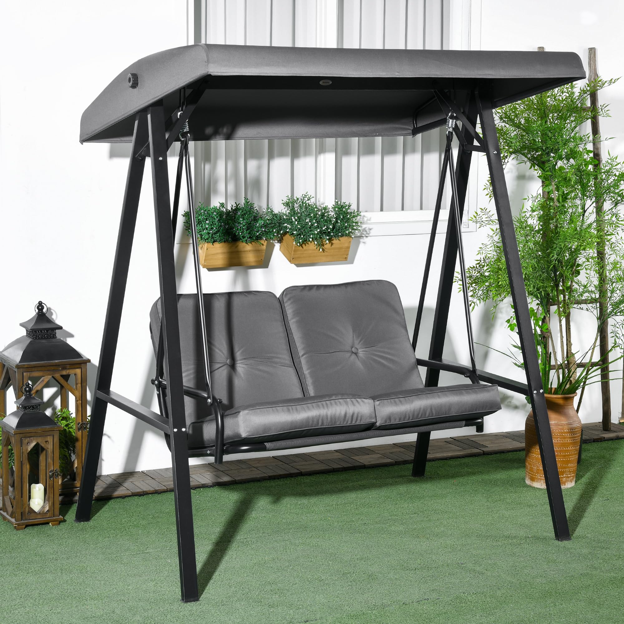Outsunny Hollywoodschaukel 2-Sitzer 220kg 145 x 116 x 172 cm Dunkelgrau | Gartenschaukel, Verstellbarem Sonnendach, Schaukelbank, Gartenliege für Garten, Terrasse