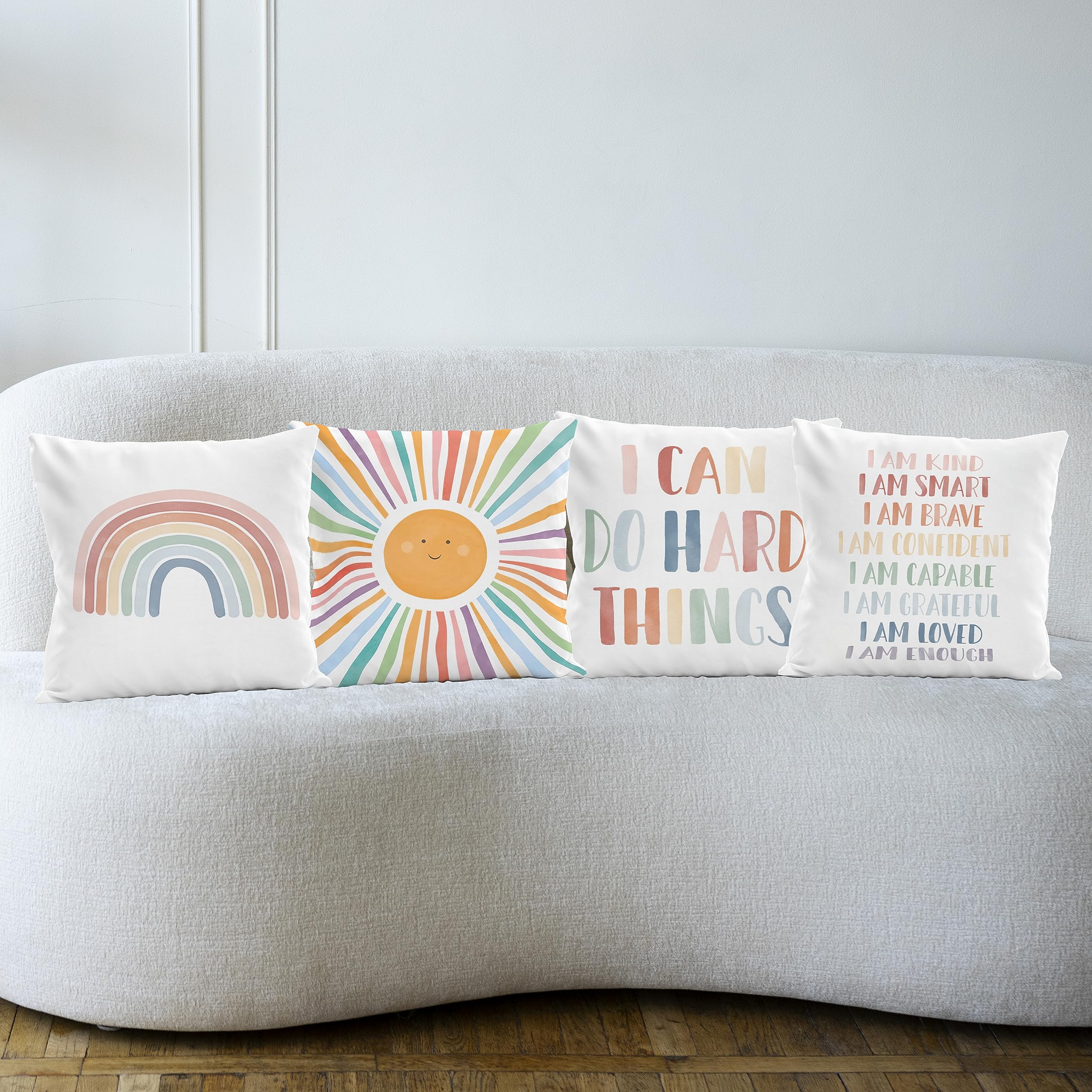 Boho-Kissenbezüge für Kinderzimmer, Sonne, inspirierende Affirmationen, 45,7 x 45,7 cm, 4 Stück, positive Sprüche, dekorative Kissenbezüge, Boho-Sonnen-Kissenbezüge für Kinderzimmer-Dekoration
