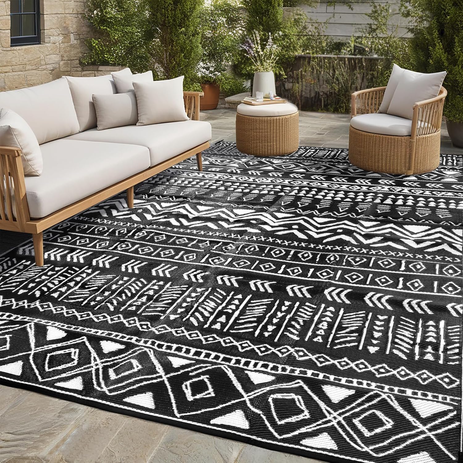 Outdoor Rug 9'x12' Waterproof Patio Rugs Reversible Indoor Outdoor Plastic Straw Camping Rug Carpet for Patio Decor Outside Area Rugs Floor Mats for RV, Picnic, Backyard, Deck, Balcony, Porch 9'x12' Black & Cream