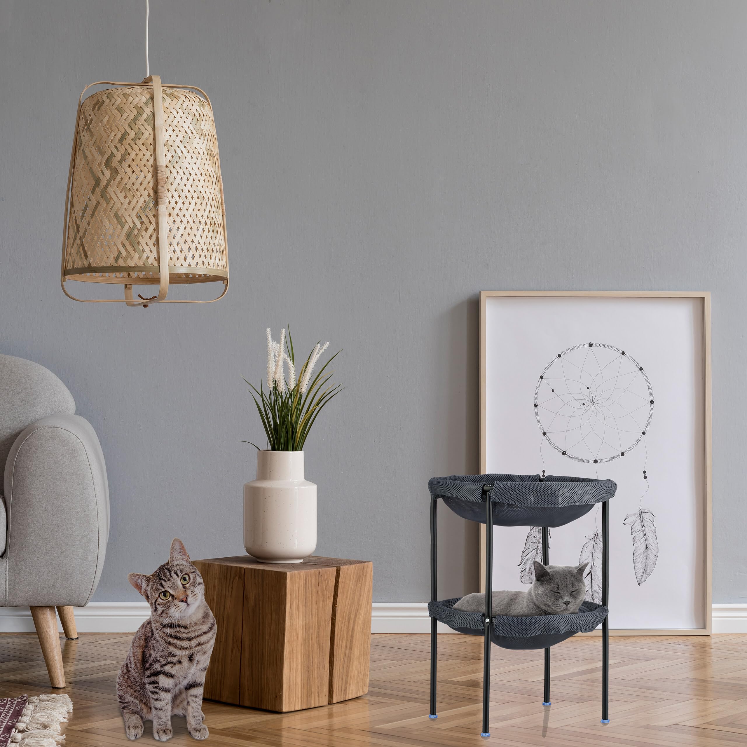 Relaxdays Letto Amaca per Gatti, Cuccia Rialzata con 2 Lettini a Rete per Animali Domestici, HLP: 59x41x43 cm, Grigio