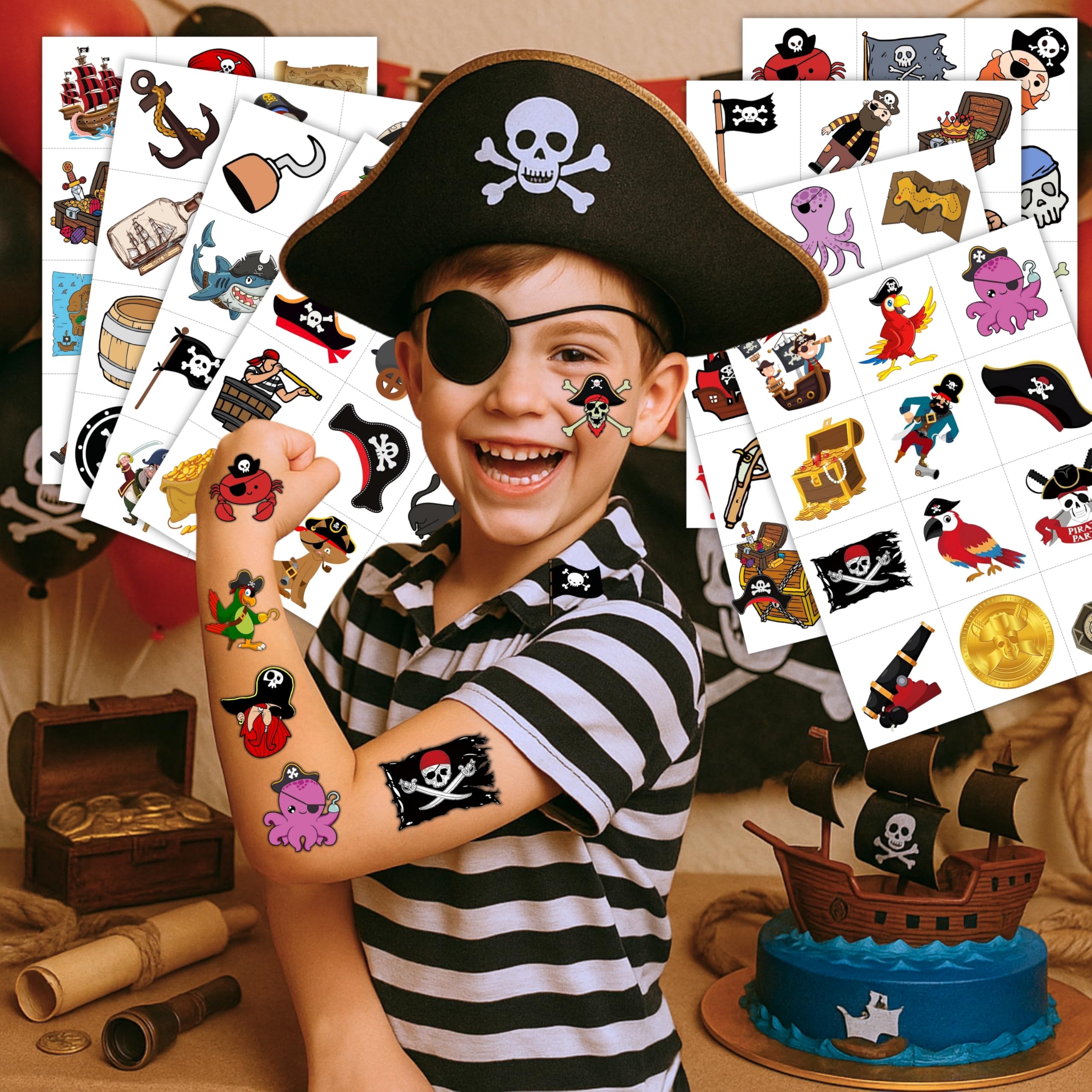 96PCS Pirate Pre-Cut Temporary Tattoos – Cute Pirate Ship, Mermaid, and Treasure Designs – Party Favors, Birthday Supplies, Classroom Rewards & Halloween Gifts