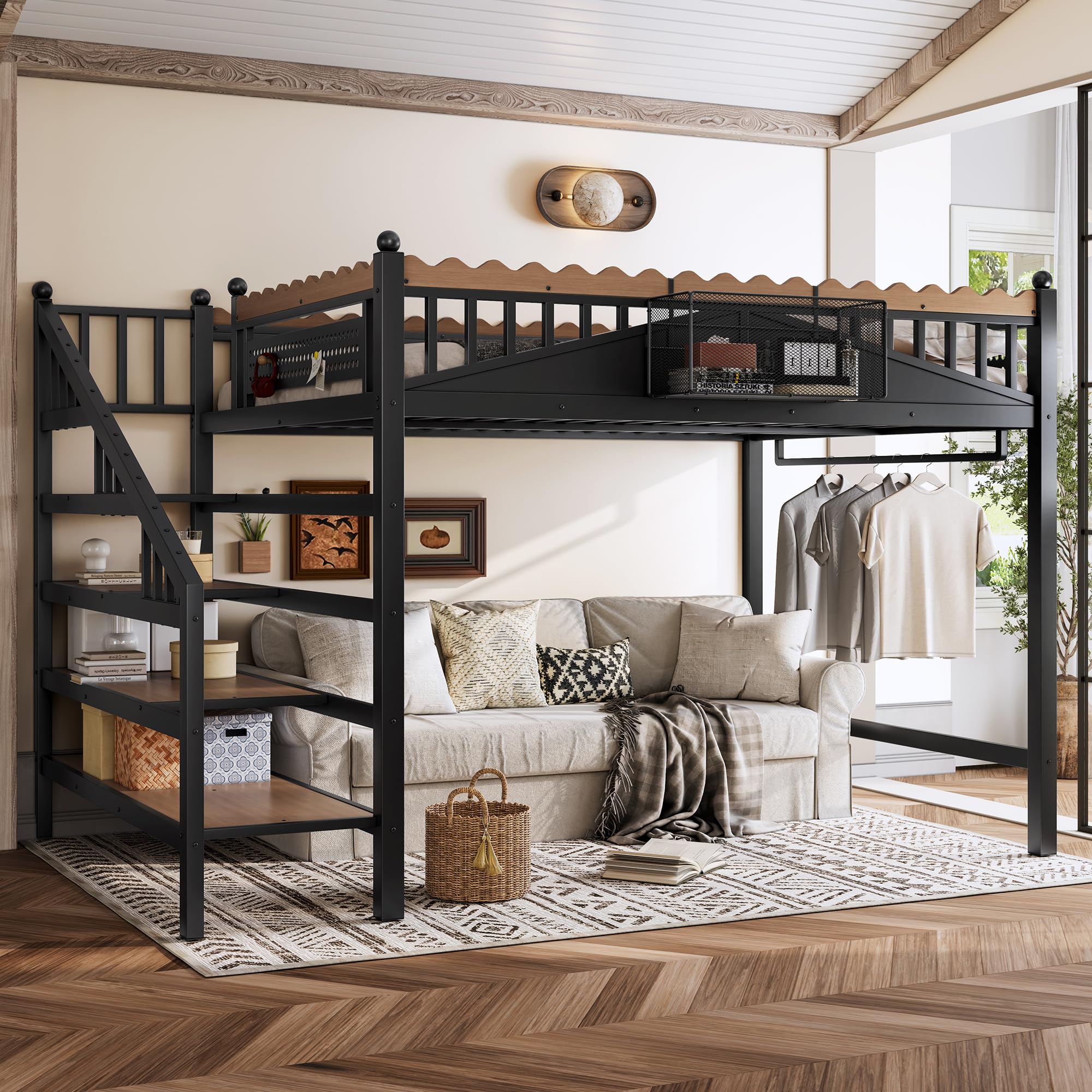 Photo 1 of *DAMAGED, PARTIAL SET ------- * KEIKI Queen Size Loft Bed with Storage Stairs, Metal Loft Bed Frame with Shelves & Bookshelf, Heavy Duty Adult Loft Bed with Guardrails, No Box Spring Needed, Black