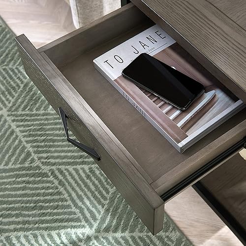 Miniatura 8 de Leick Home 23007 Chisel & Forge - Mesa auxiliar de metal y madera mixta con un cajón, diseño X con estante, gris ahumado y negro mate, 22 x 24 x 24